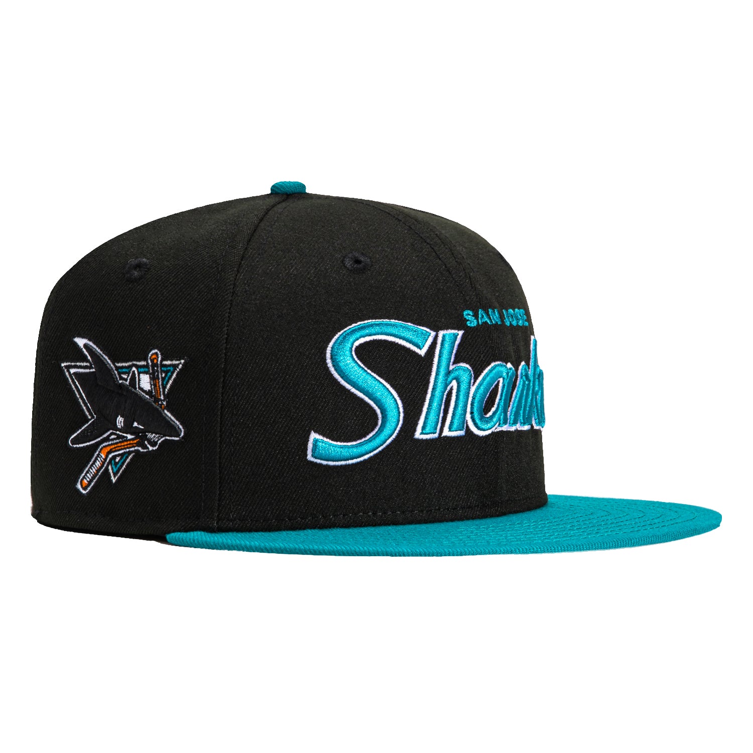 New Era 59Fifty San Jose Sharks Logo Patch Script Hat - Black & Teal Adjustable Baseball Cap for Men & Women - Perfect for Sports Games, Streetwear & Casual Outfits