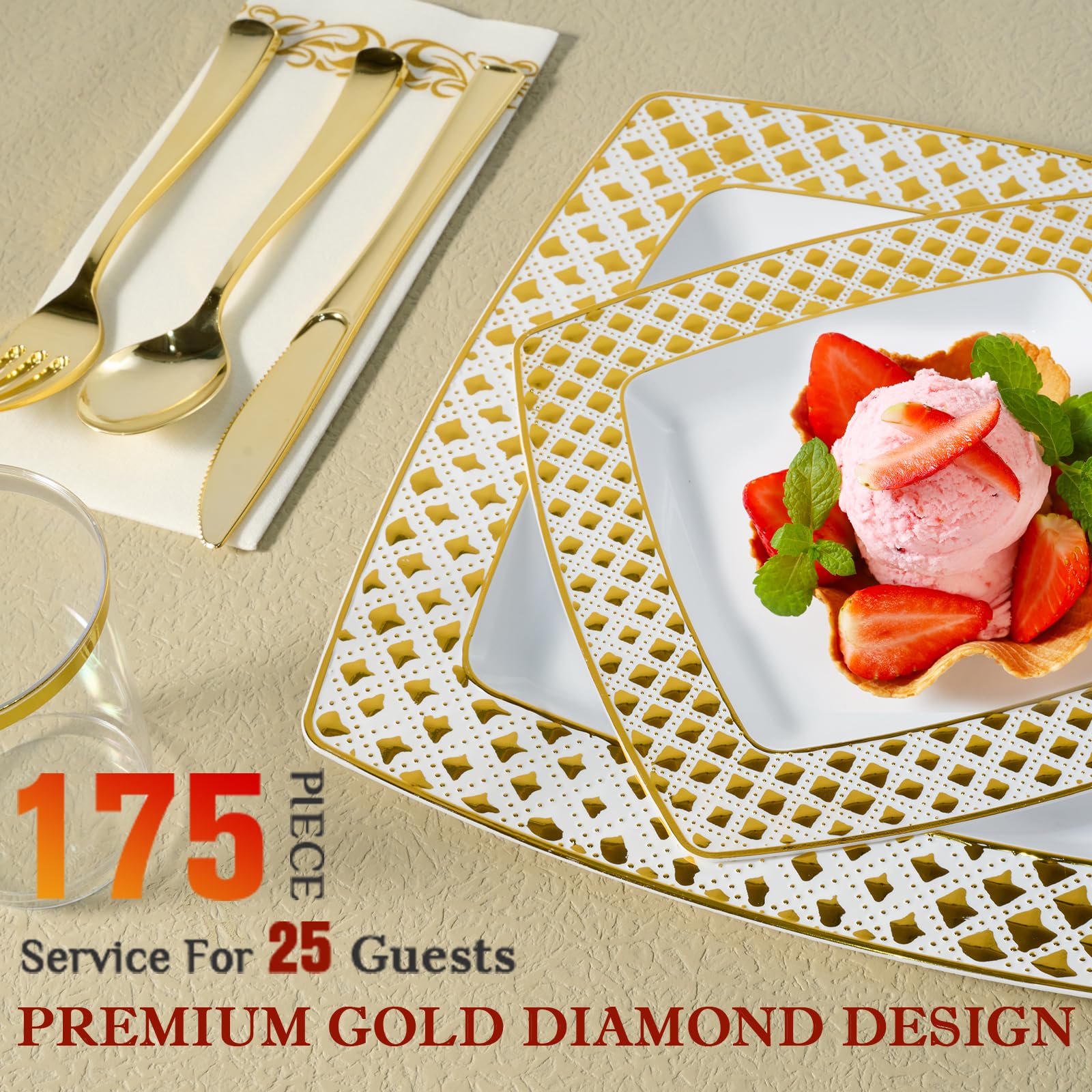 FOCUSLINE 175-Piece Gold Disposable Dinnerware Set for 25 Guests - Elegant Square Plastic Plates with Diamond Design - Includes 25 Dinner Plates, 25 Dessert Plates, 25 Napkins, 25 Cups & 25-Piece Silverware Set - Perfect for Weddings, Parties, Banquets & Special Events