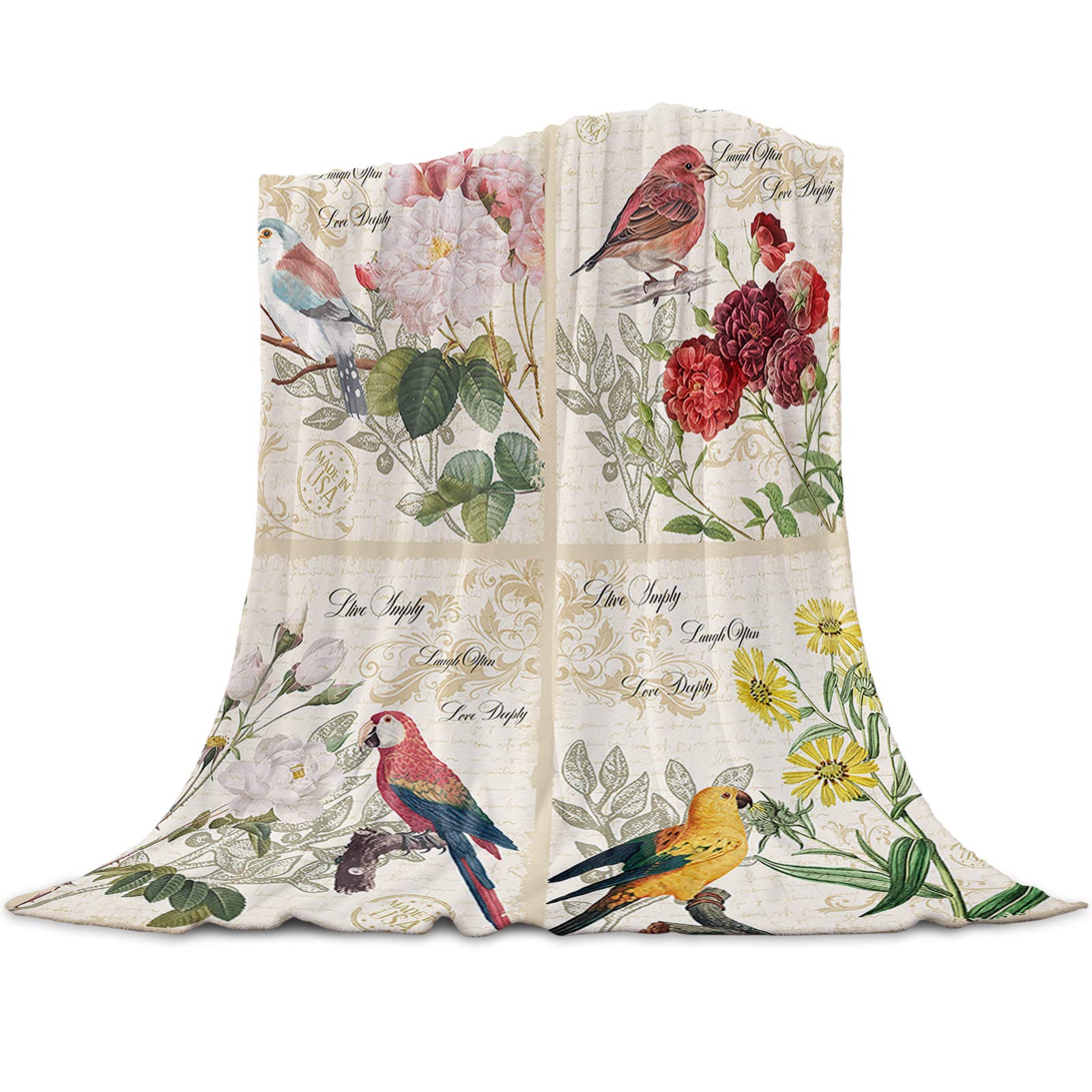 CozyBright 60x80 Inch Flannel Fleece Throw Blanket - Soft Plush Warm Fuzzy Blanket for Bed, Sofa & Couch - Floral Multicolor Bird Design Lightweight Blanket - Perfect for Winter Nights, Movie Time & Home Decor