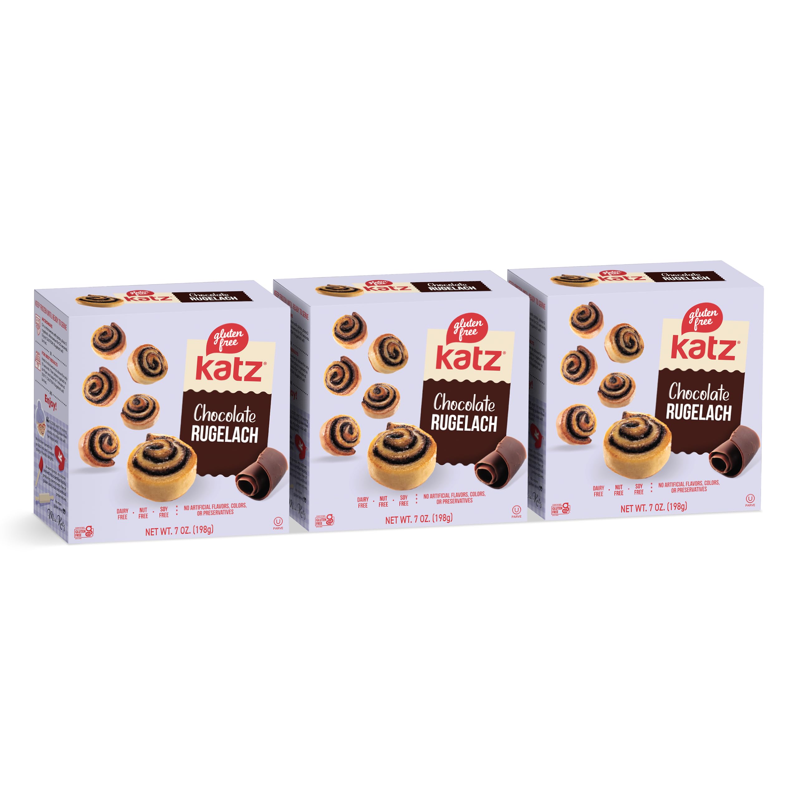 Katz Gluten Free Chocolate Rugelach - Dairy Free, Nut Free, Soy Free, Kosher Certified (3 Packs of 8 Rugelach, 7 Oz Each) - Perfect for Snacking, Gift Giving & Holiday Desserts