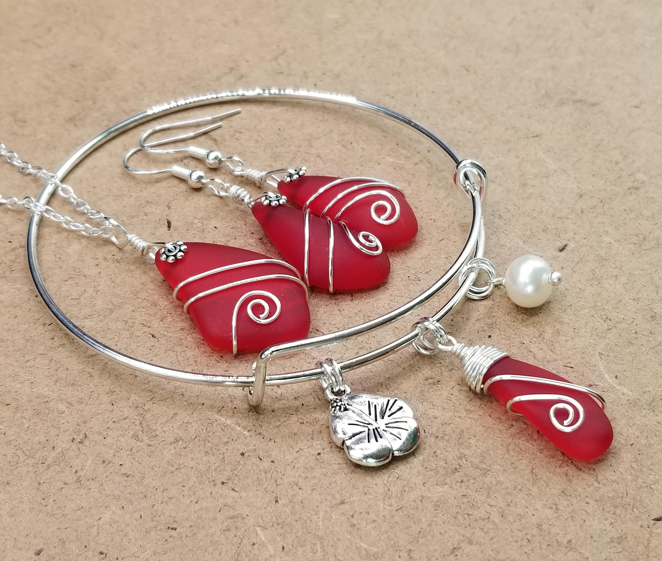 Wire Wrapped Red Sea Glass Jewelry Set - Necklace, Earrings & Bracelet with January Birthstone, Hibiscus Charm & Natural Pearl | Hawaiian Gift, Customizable Message - Perfect for Birthdays, Anniversaries & Beach Weddings