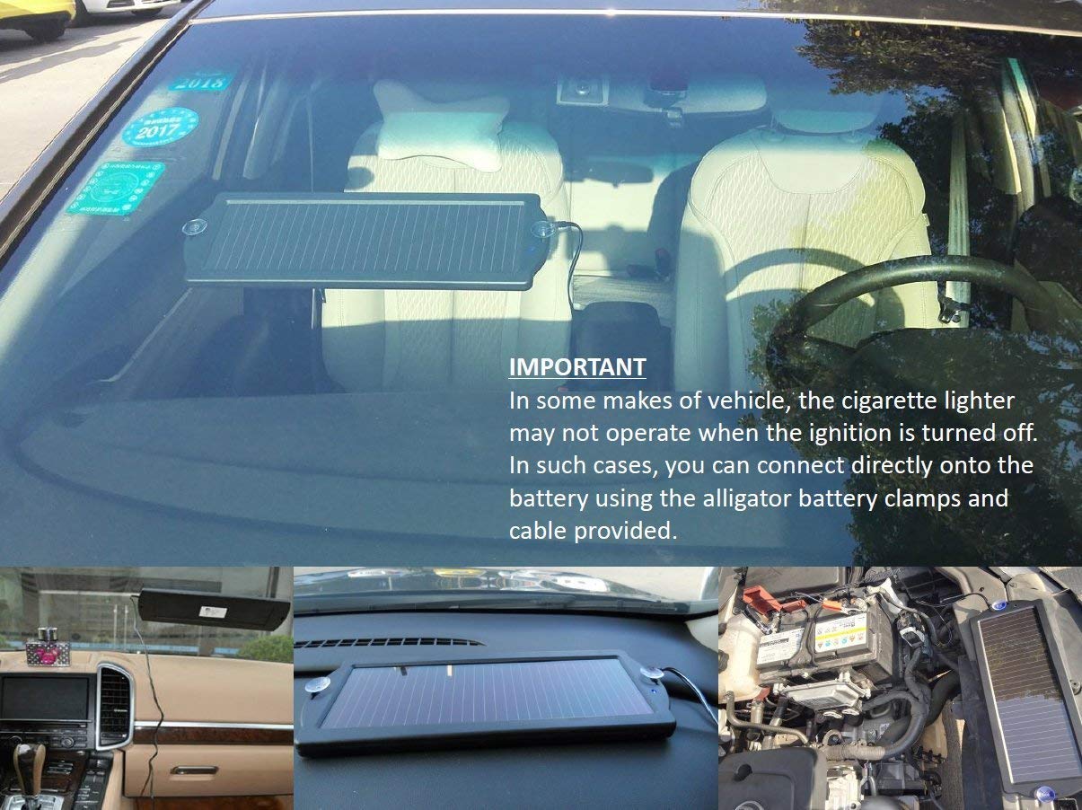 Sunway 12V Solar Car Battery Trickle Charger & Maintainer with Cigarette Lighter Plug & Battery Clamps - Compatible with Cars, Motorcycles, Boats, RVs, Snowmobiles & Watercraft - Ideal for Long-Term Vehicle Storage & Outdoor Adventures