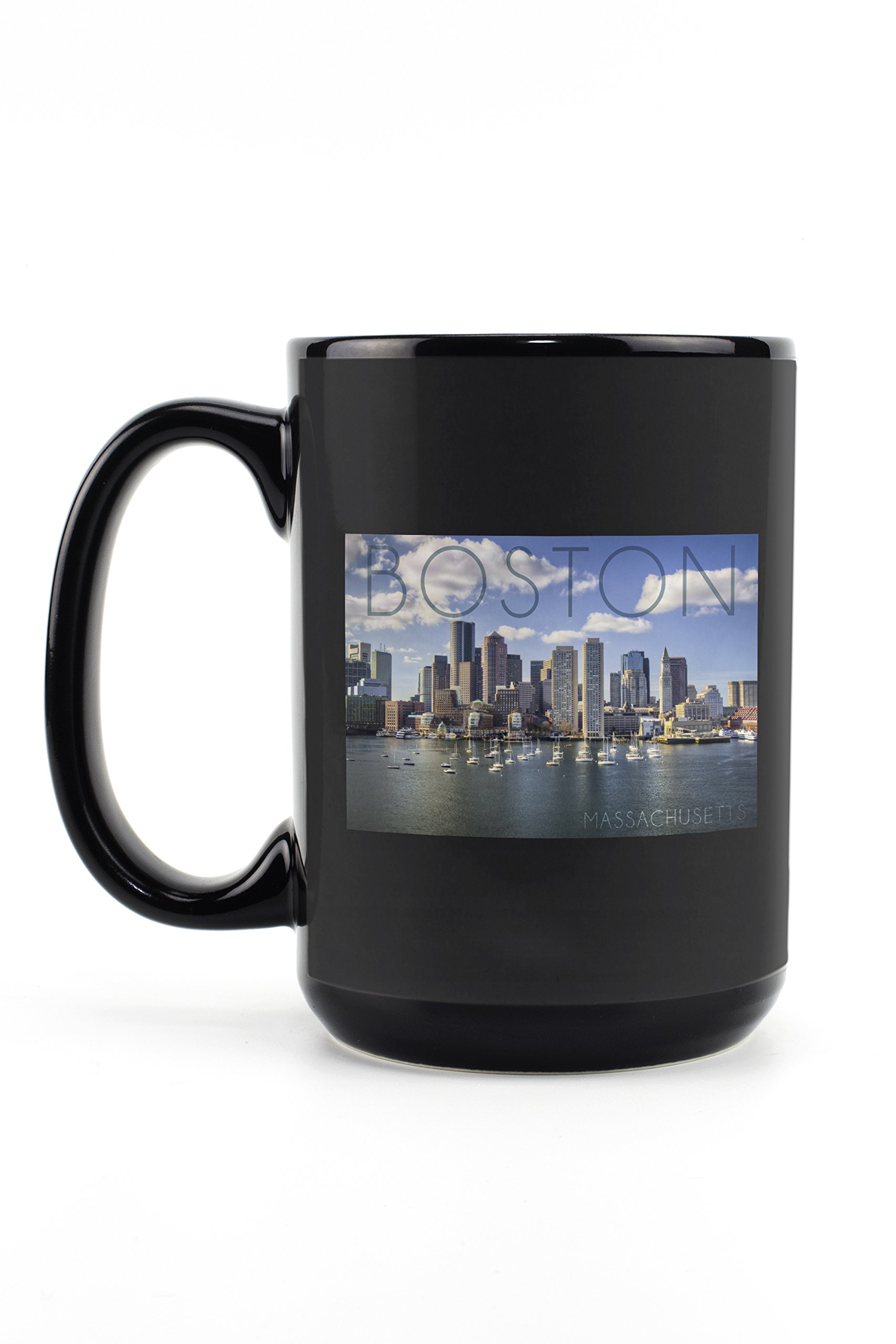 Lantern Press Boston Massachusetts Skyline & Sailboats 15oz Black Ceramic Coffee Mug - Microwave & Dishwasher Safe - Perfect for Home, Office & Gifts