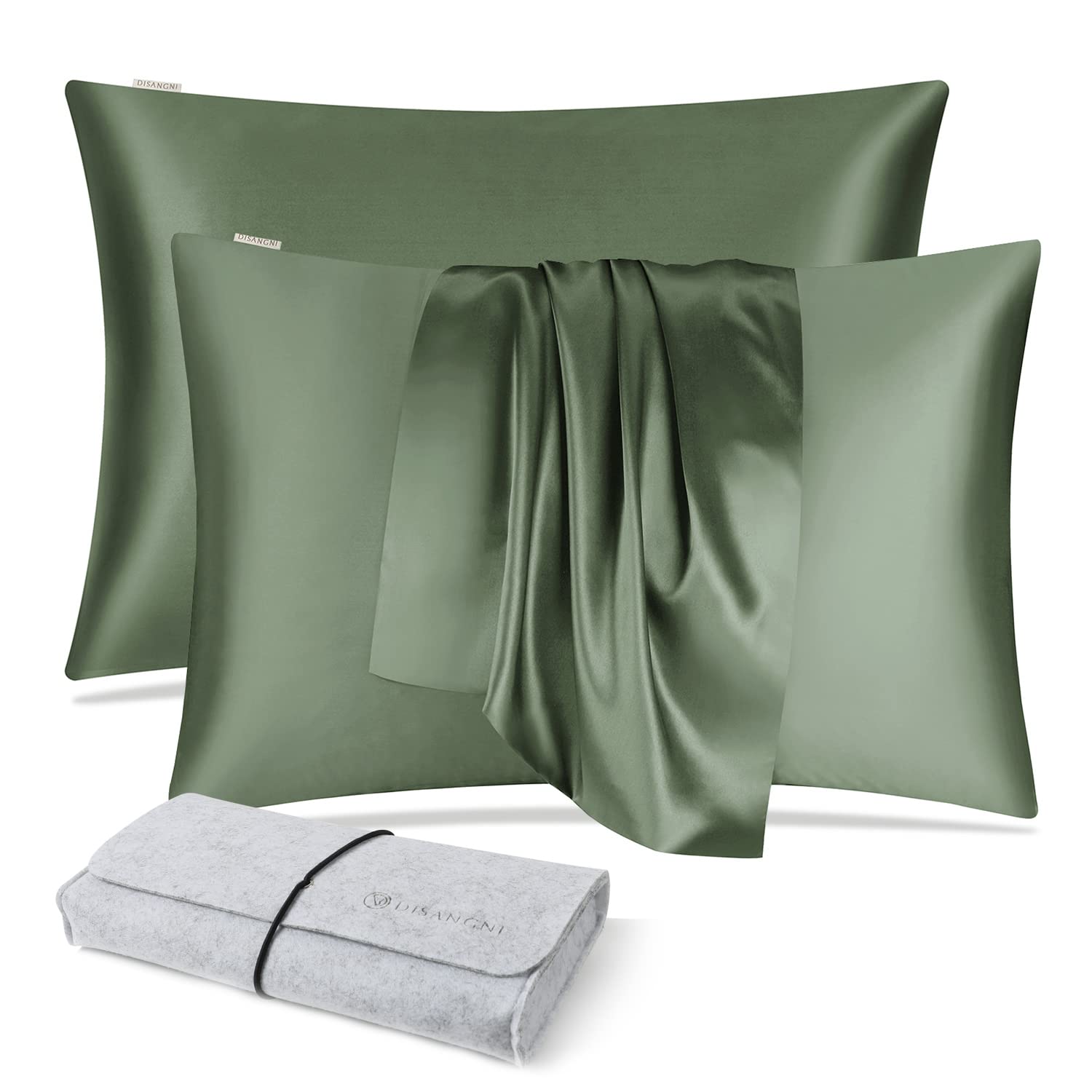 DISANGNI 100% Pure Mulberry Silk Pillowcase Set of 2 - 22 Momme Grade A Silk with Hidden Zipper for Hair & Skin Care - Standard Size 20x26 Inches (Green) - Perfect for Beauty Sleep & Reducing Bedhead