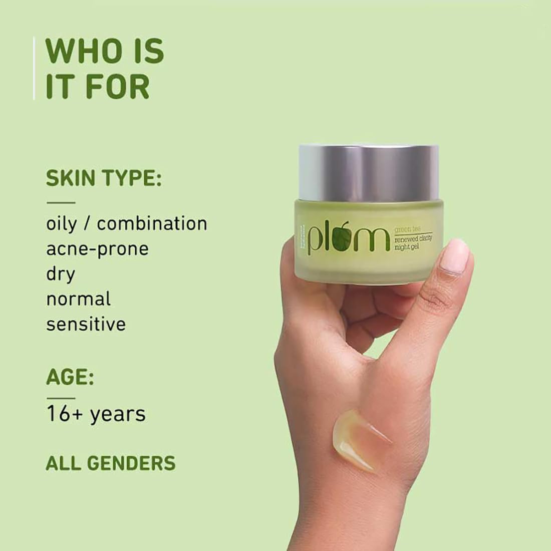 Plum Green Tea Renewed Clarity Night Gel Mini - Hydrating & Acne-Fighting Face Moisturizer for Oily Skin | Lightweight, Quick-Absorbing, Non-Sticky Vegan Gel | Perfect for Nighttime Skincare Routine & Travel