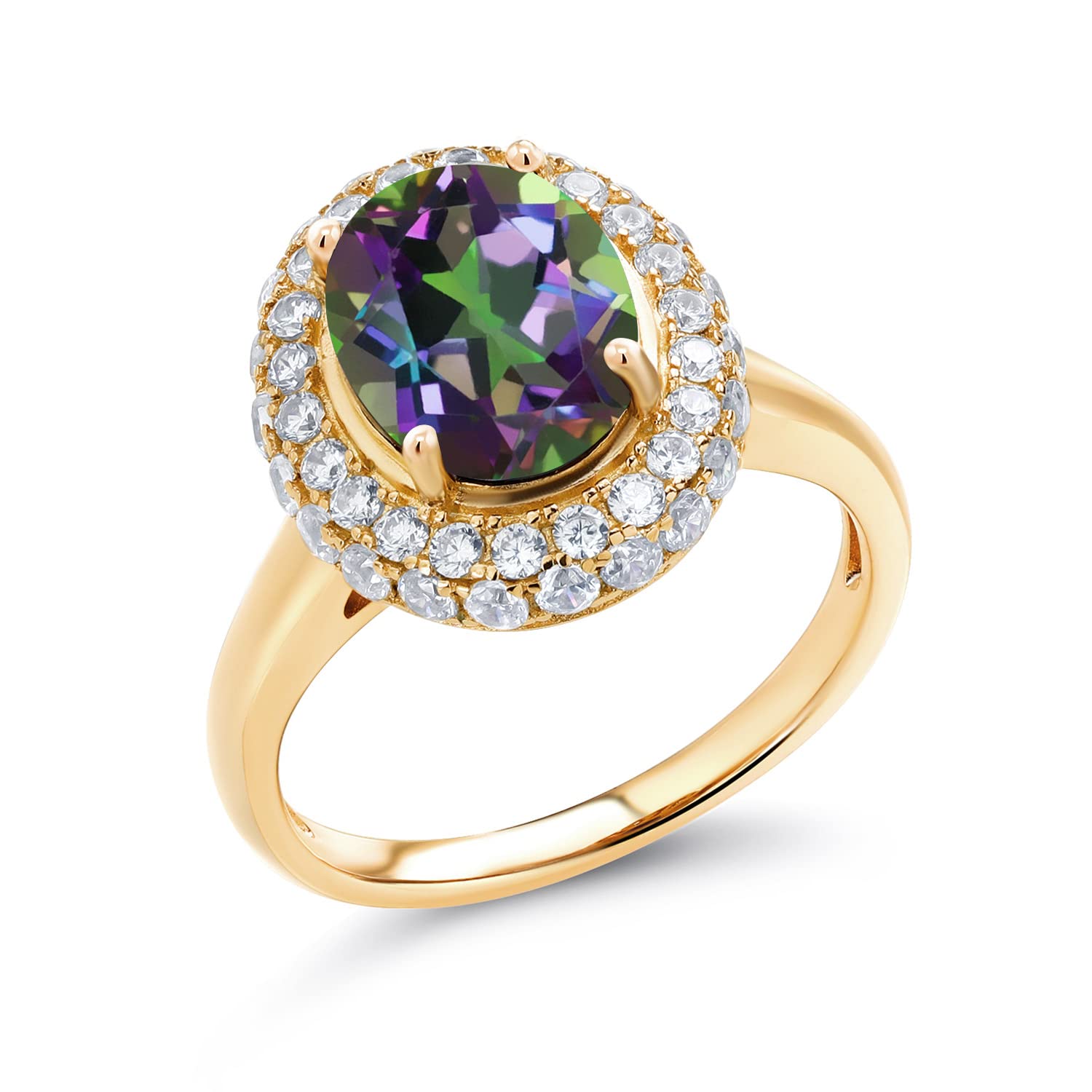 5.70 Ct Oval Green Mystic Quartz Ring - 18K Yellow Gold Plated Sterling Silver Halo Engagement Ring for Women | Gem Stone King | Perfect for Weddings, Anniversaries & Special Occasions