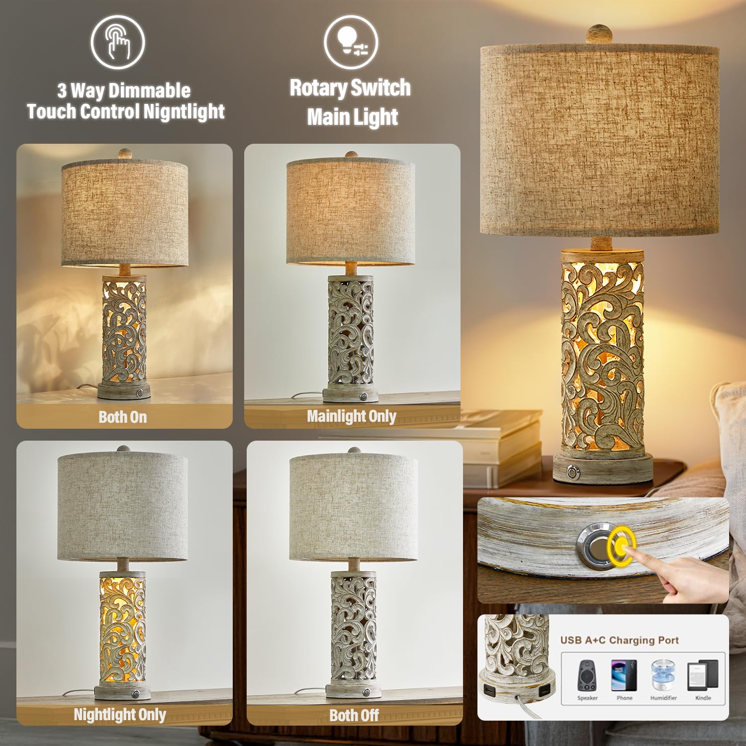 OYEARS 3-Way Dimmable 22'' USB A+C Touch Control Table Lamp Set of 2 with Nightlight - Modern Farmhouse Bedside Lamps for Living Room, Bedroom, Nightstand (Bulb Included) | Perfect for Reading, Working & Creating Cozy Atmosphere