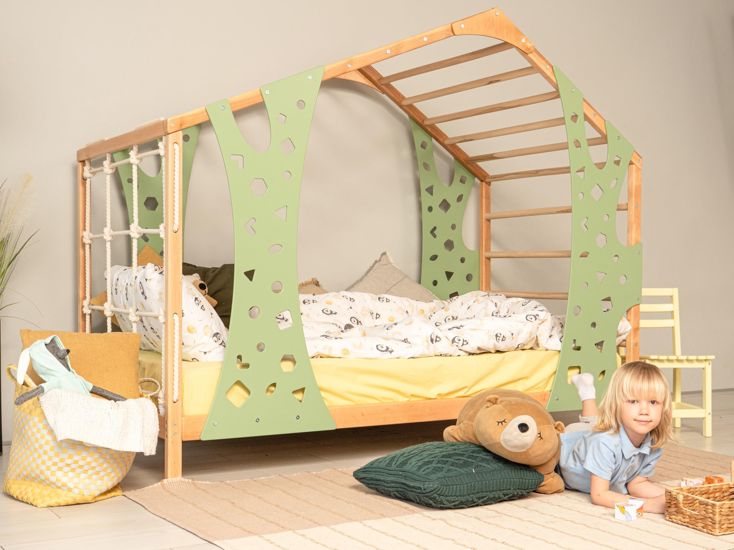 Montessori Toddler Bed with Climbing Gym - Solid Wood Twin Bed Frame for Kids - Monkey Bed with Legs & Slats - Perfect for Playrooms, Bedrooms & Montessori Learning Spaces
