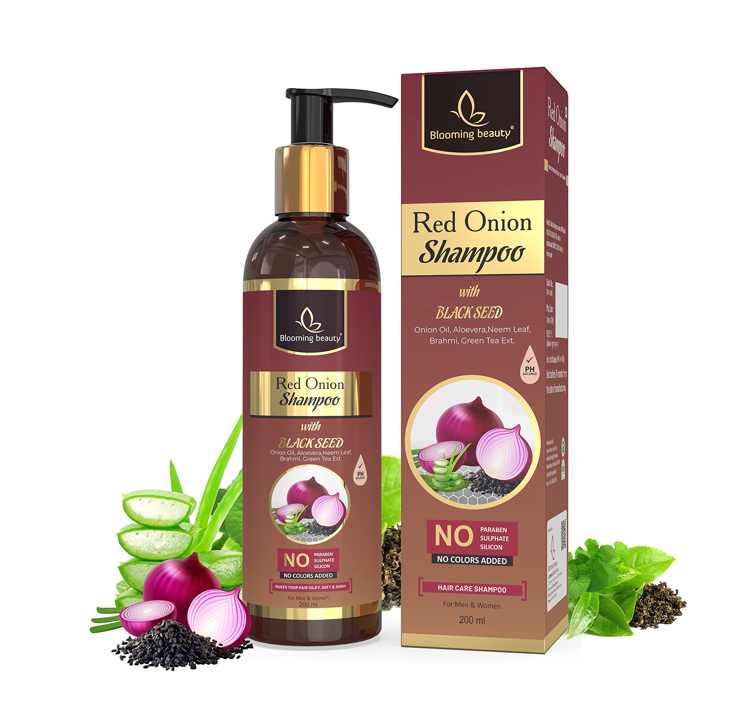 Red Onion Shampoo with Black Seed & 19 Natural Extracts (Aloe Vera, Neem, Green Tea) for Hair Growth & Hair Fall Control - 200ml | Promotes Healthy Scalp & Stronger Hair | Perfect for Daily Use & Damaged Hair Care