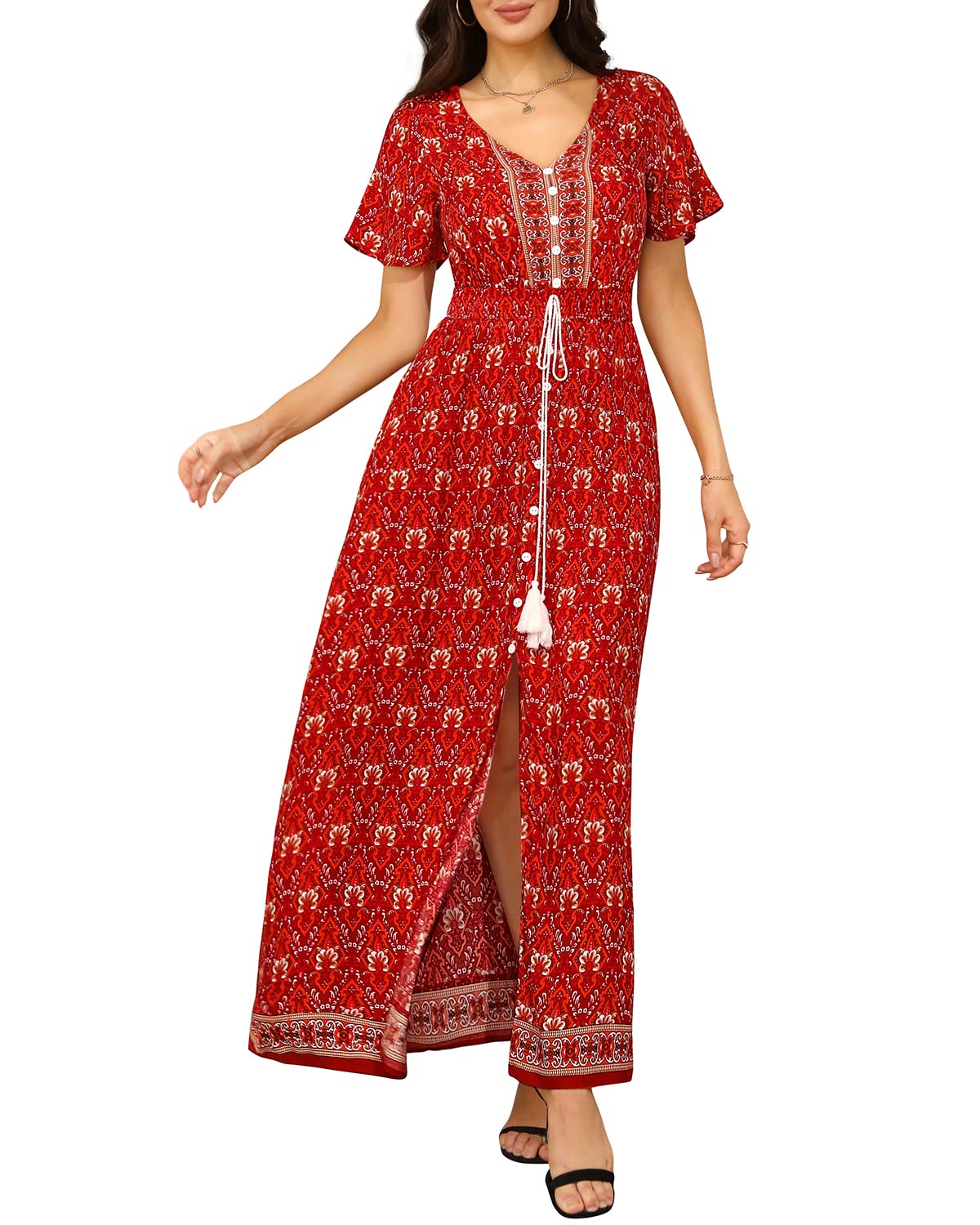 Floral Maxi Dress for Women - Button Up Front with Side Split, Flowy Summer Party Dress | Perfect for Beach Vacations, Weddings & Outdoor Events