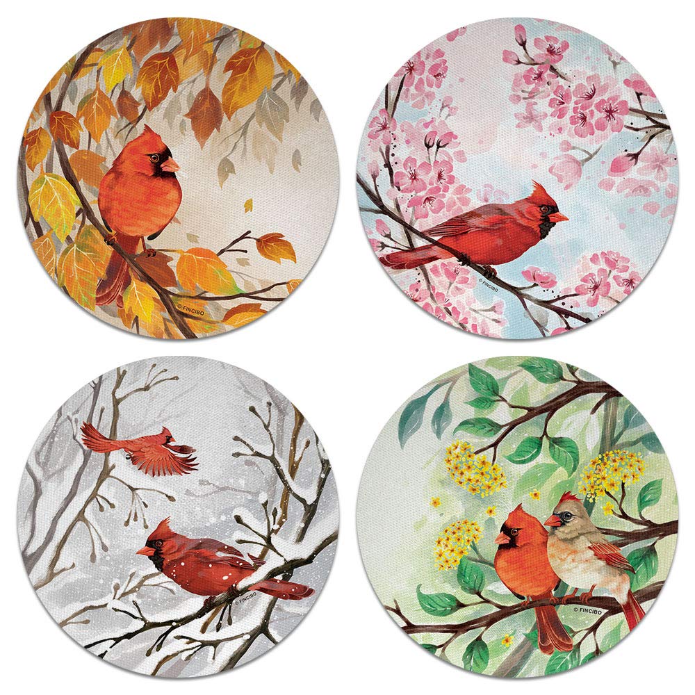 Red Cardinal Bird Seasonal Designs - Absorbent Round Fabric Felt Neoprene Drink Coasters (4-Piece Set) | Perfect for Coffee Tables, Home Decor, and Holiday Gift Giving