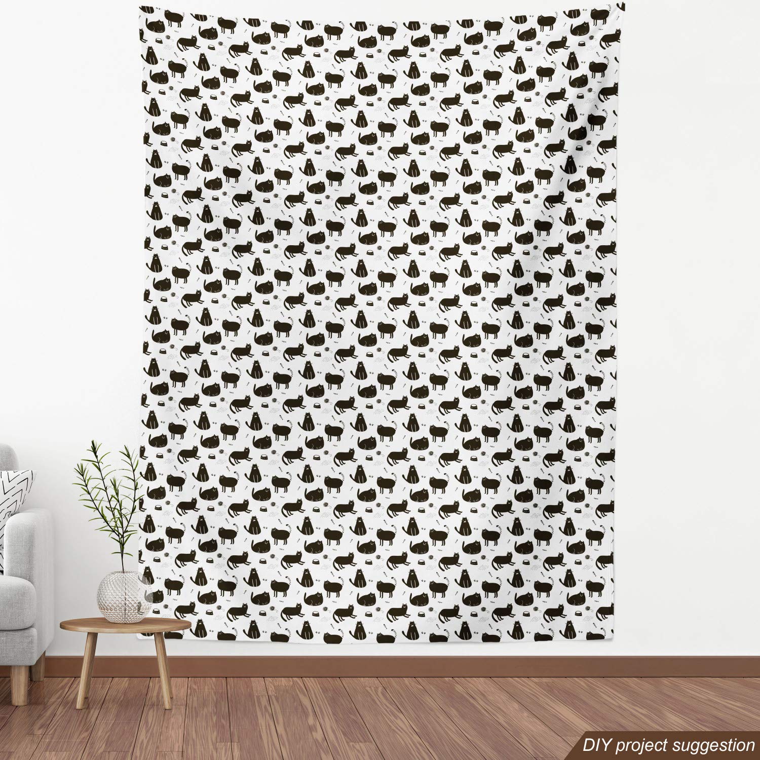 Ambesonne Funny Cat Fabric by The Yard - Playful House Kitty with Meow Whiskers Pet Pattern - Dark Brown & White Decorative Upholstery Fabric for Sofa, Curtains, Pillows (10 Yards) - Perfect for Pet Lovers' Home Decor & DIY Craft Projects