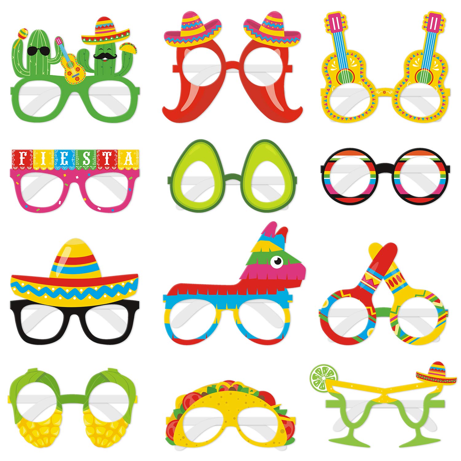 Kitticcino Mexican Fiesta Party Decorations - 12pcs Colorful Paper Eyeglasses for Cinco De Mayo, Taco Cactus Themed Party Favors & Photo Props - Perfect for Carnival, Birthday Celebrations & Mexican Themed Events - Let's Fiesta Party Supplies for Festive Gatherings