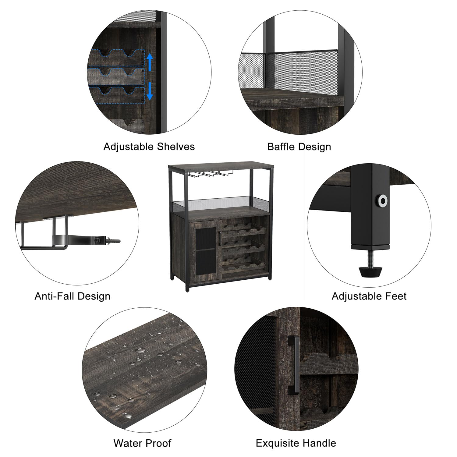 GAOMON Farmhouse Coffee Wine Bar Cabinet with Storage - Detachable Rack, Glass Holder & Mesh Door - Dark Wood Buffet Sideboard for Kitchen, Dining Room or Home Bar