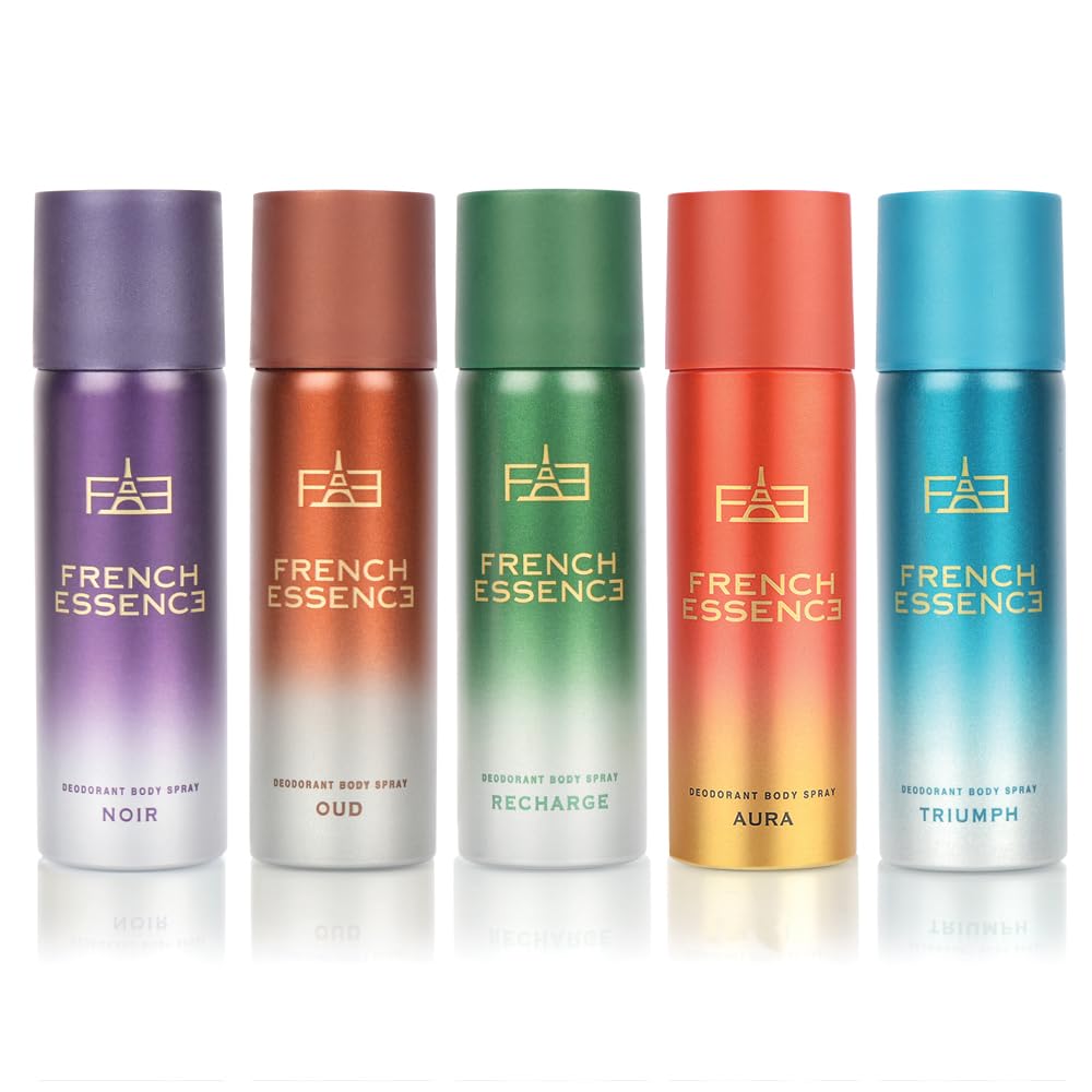 Premium French Essence Deodorant for Men & Women - Long Lasting Fragrance Body Spray (Aura, Noir, Oud, Recharge, Triumph) 5-Pack (50ml Each) | Fresh Scent for Daily Use, Gym, Work & Outdoor Activities