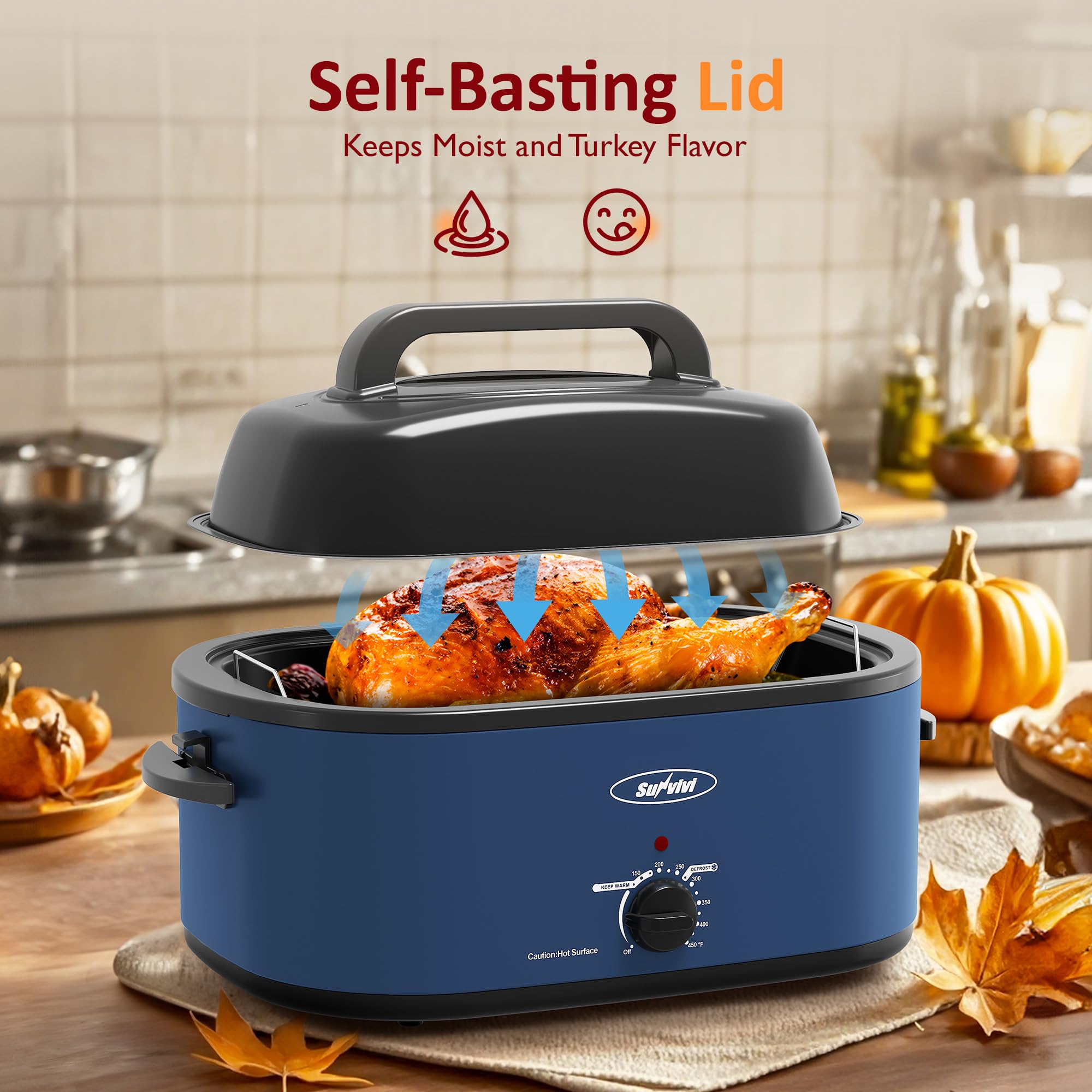 Sunvivi 28-Quart Electric Roaster Oven with Glass Lid - Self-Basting Turkey Roaster, Detachable Pan & Cool-Touch Handles (Blue) - Perfect for Thanksgiving, Holiday Cooking & Large Family Gatherings