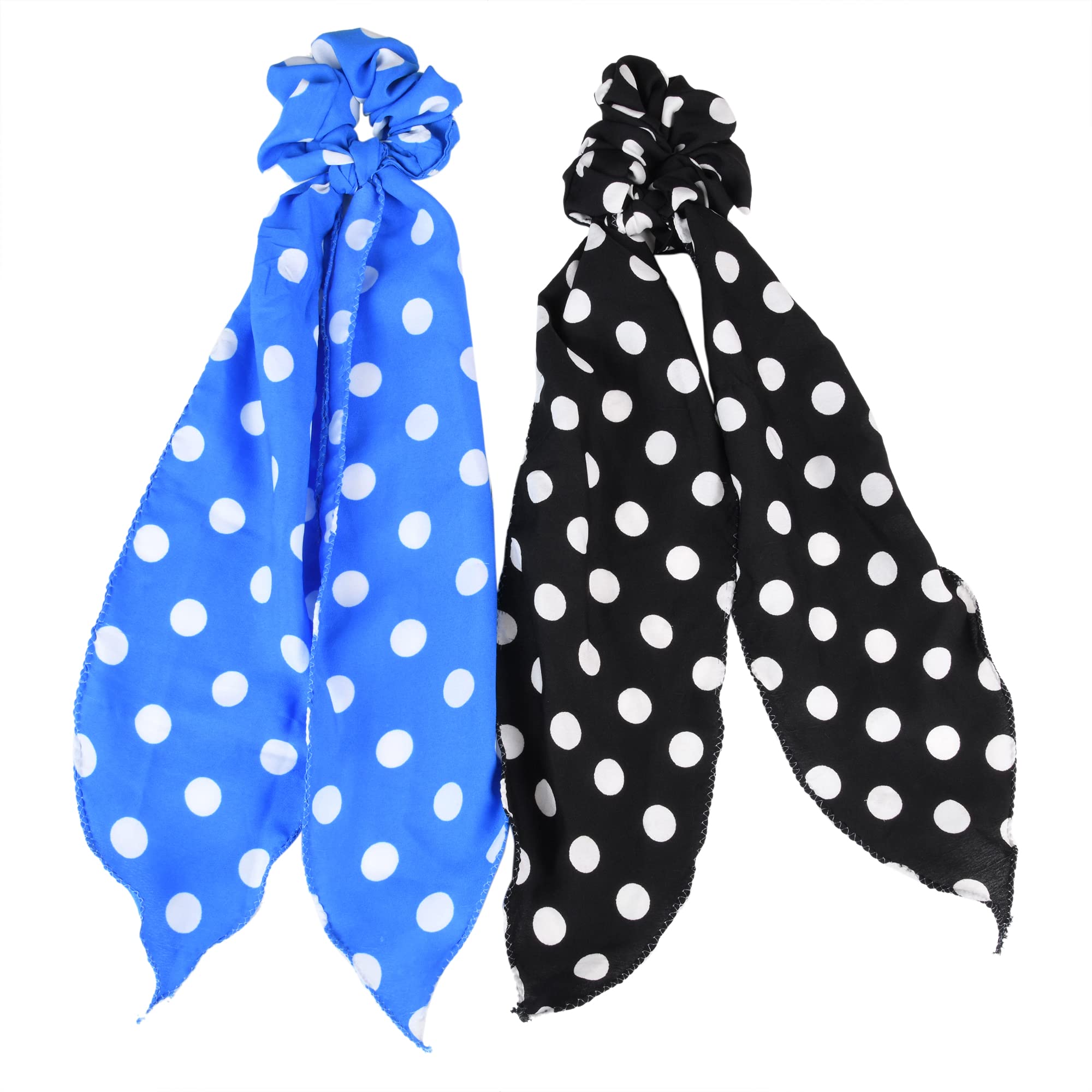 Matkooz Polka Dot Hair Scarf & Scrunchies Set - 2-in-1 Elastic Hair Ties & Ponytail Holders for Women (2-Pack, Blue/Black) - Perfect for Workouts, Yoga, and Everyday Styling