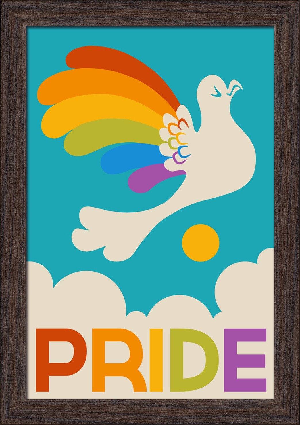 Gay Pride Rainbow Bird Art Print - 12x18 Inch Giclee Fine Art with Recycled Wood Frame in Espresso Brown - Perfect for LGBTQ+ Home Decor & Pride Month Celebrations