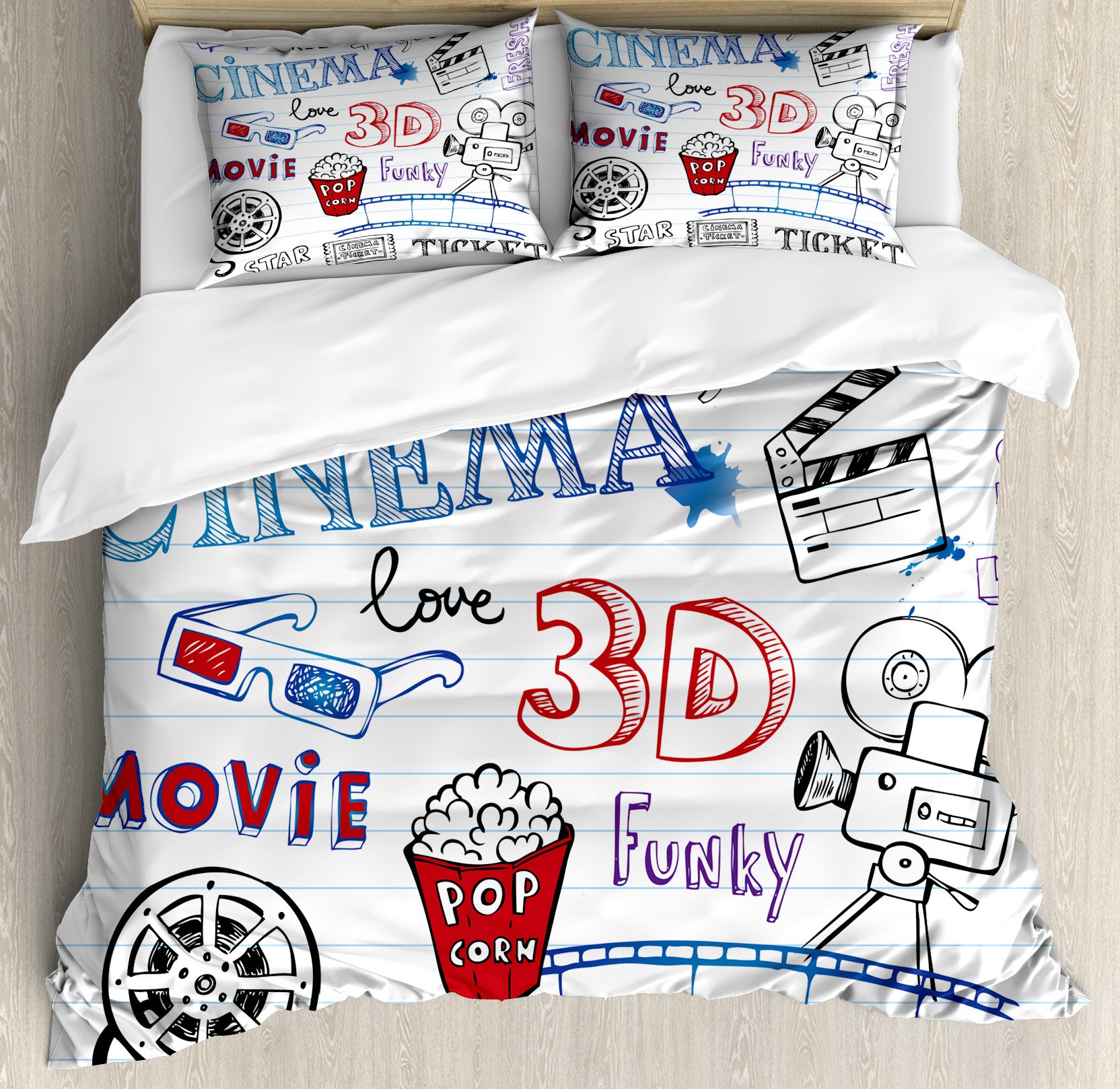 Ambesonne Movie Theater Duvet Cover Set - Hand Drawn Notebook Style Hollywood Design, 3 Piece King Size Bedding with 2 Pillow Shams, Multicolor | Perfect for Movie Lovers' Bedroom Decor & Themed Home Theater Setup