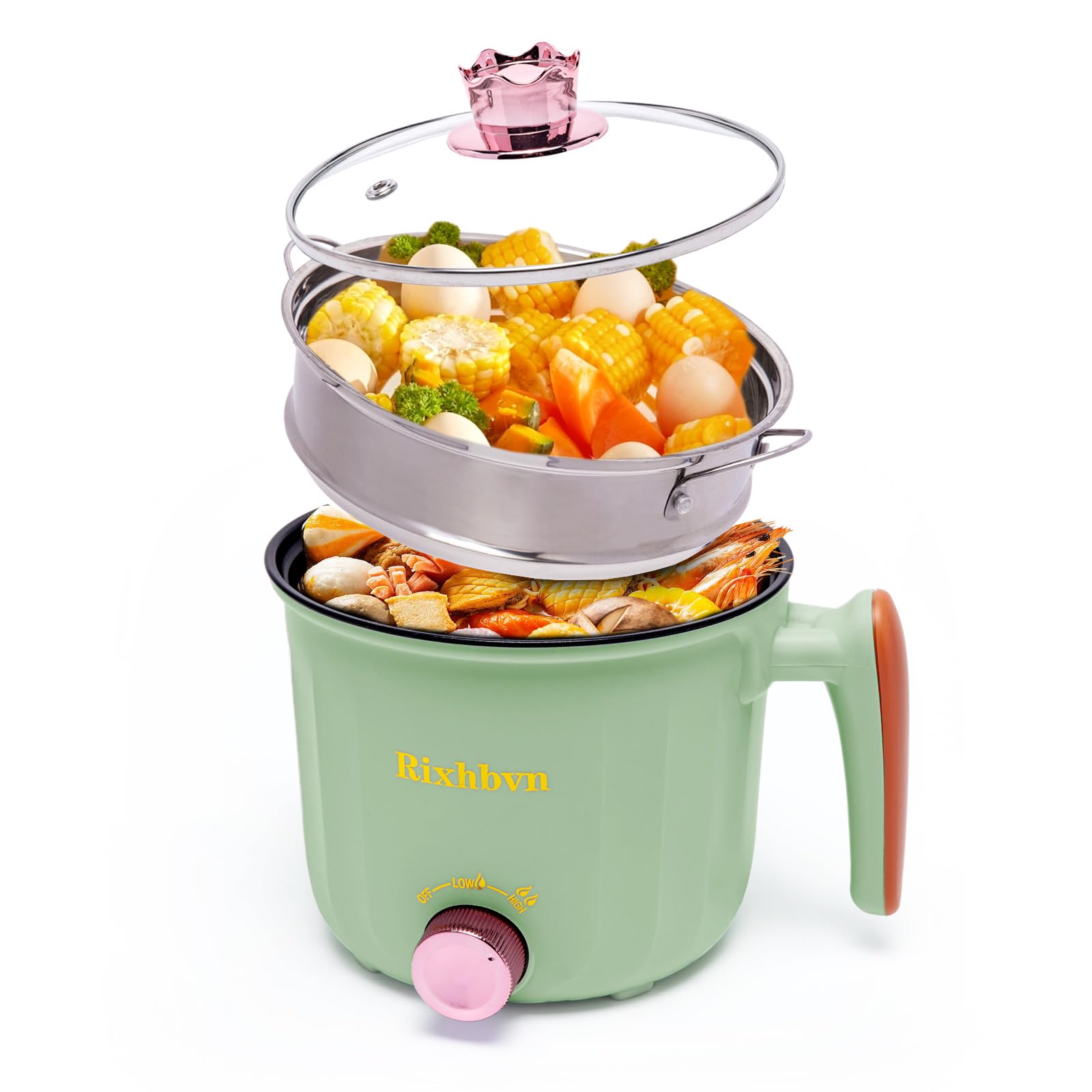 Electric Hot Pot with Steamer - 1.8L Non-Stick Multi-Cooker for Ramen, Soup, Noodles, Steak & Oatmeal | Adjustable Temperature Control & Rotary Switch | Perfect for Dorm, Office, Camping & Small Kitchens (Green)