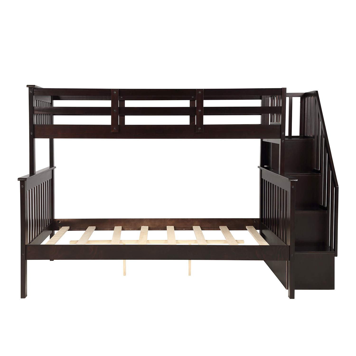 Rhomtree Twin Over Full Bunk Bed with Stairs & 4 Storage Shelves - Espresso Wood Loft Bed for Kids & Guests | Space-Saving Bedroom Furniture for Small Rooms & Sleepovers
