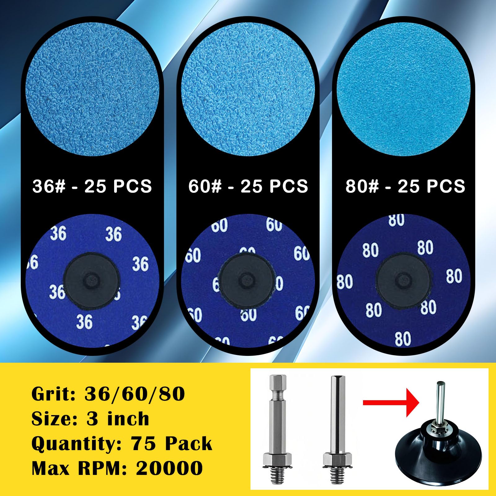 75Pcs 3 Inch Quick Change Zirconia Sanding Disc Set with 1/4