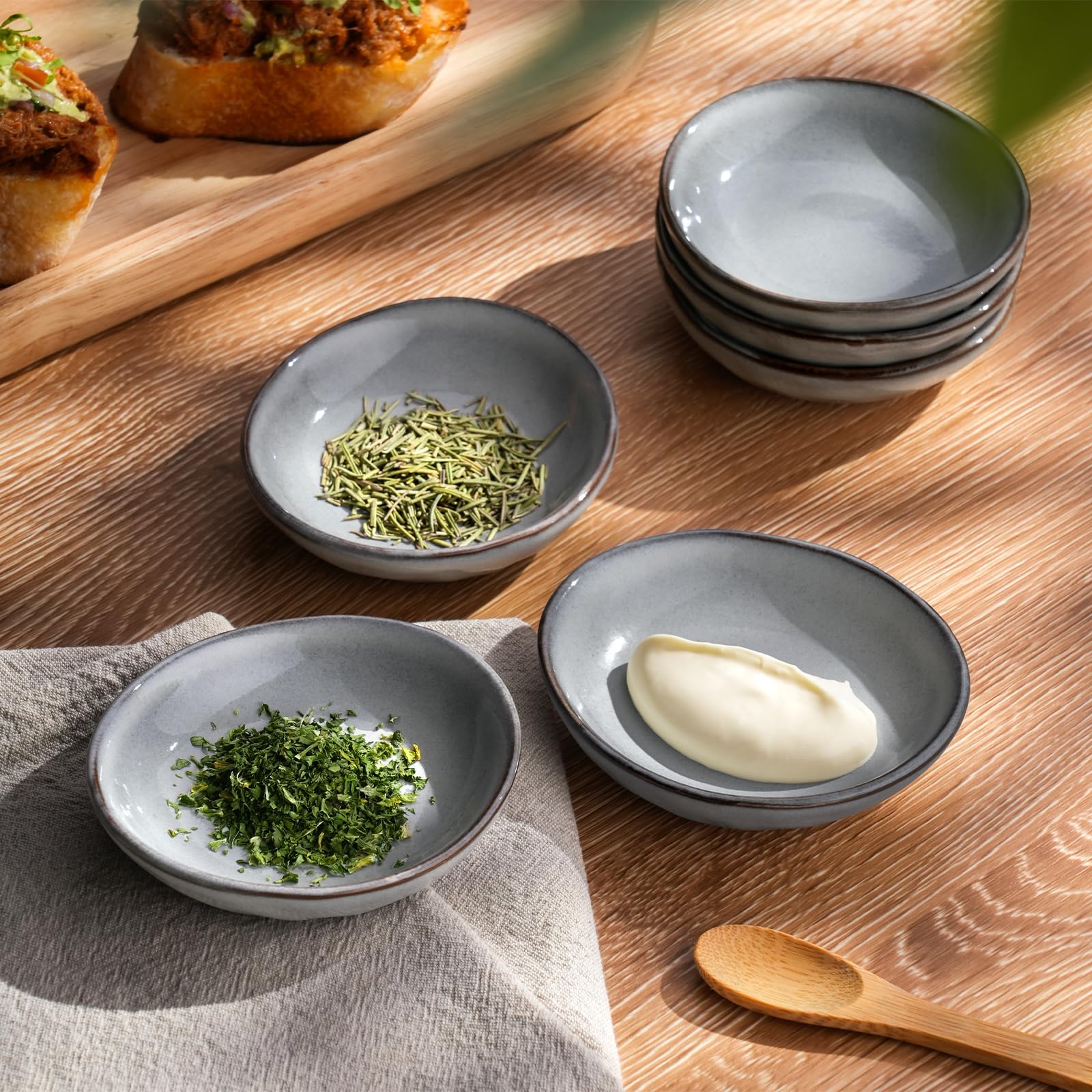 Famiware 6-Piece Ocean Soy Sauce Dishes Set - 2.1oz Ceramic Small Bowls for Dipping Sauces, Side Dishes, Appetizers, Snacks & Sushi | Reactive Glaze Finish, Dishwasher Safe, Grey | Perfect for Japanese Cuisine, Asian Restaurants & Home Kitchens