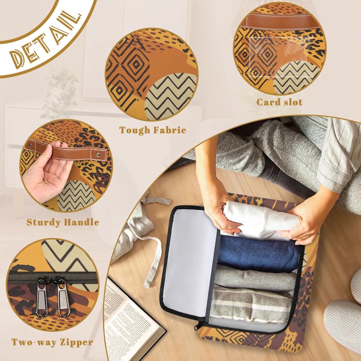 2 Pack Animal Print Fabric Storage Bins with Zipper Lid - African Art Style Stackable Cube Baskets, Steel Frame Clothes Organizer for Shelf & Closet Storage | Perfect for Bedroom, Nursery, and Office Organization