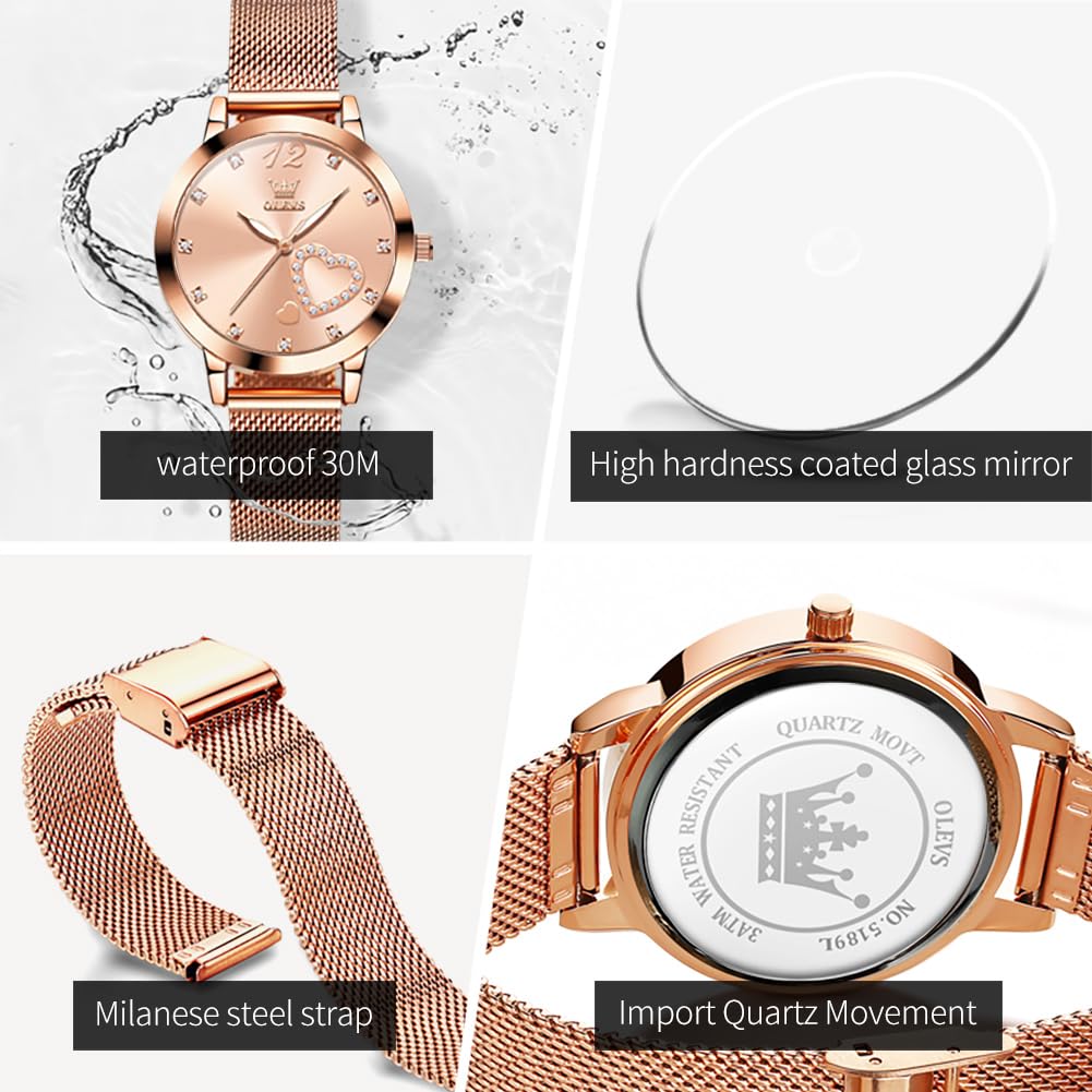 OLEVS Women's Rose Gold Minimalist Analog Quartz Watch with Bracelet Set - Slim Casual Dress Wristwatch, Waterproof Two-Tone for Ladies - Perfect for Everyday Wear, Office, and Special Occasions