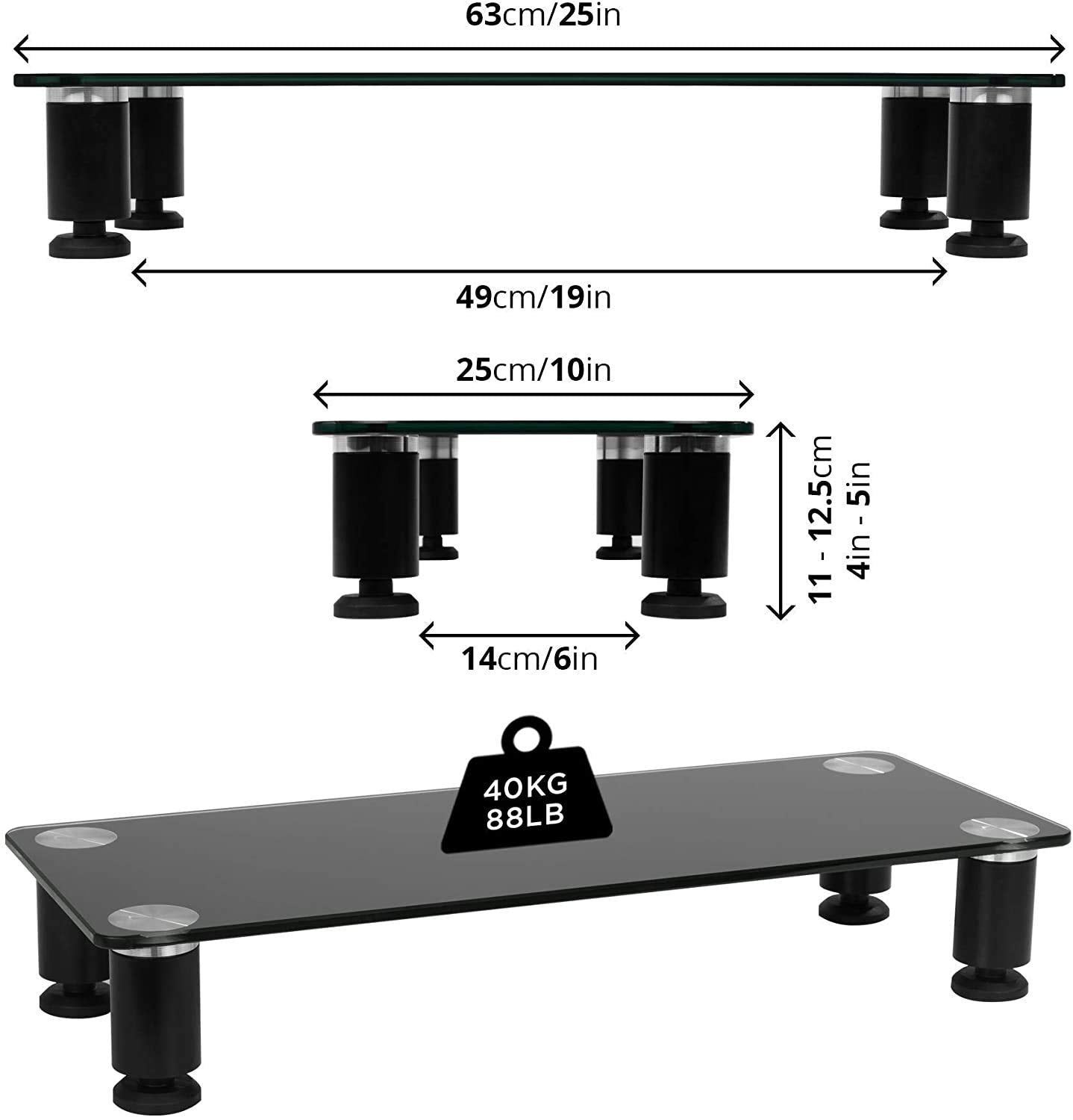 Duronic DM051 Tempered Glass Monitor Stand Riser - Ergonomic Laptop & Computer Screen Stand for Desk, Supports TV/PC Monitor up to 40kg (63x25cm) - Perfect for Home Office, Gaming Setup & Workspace Organization