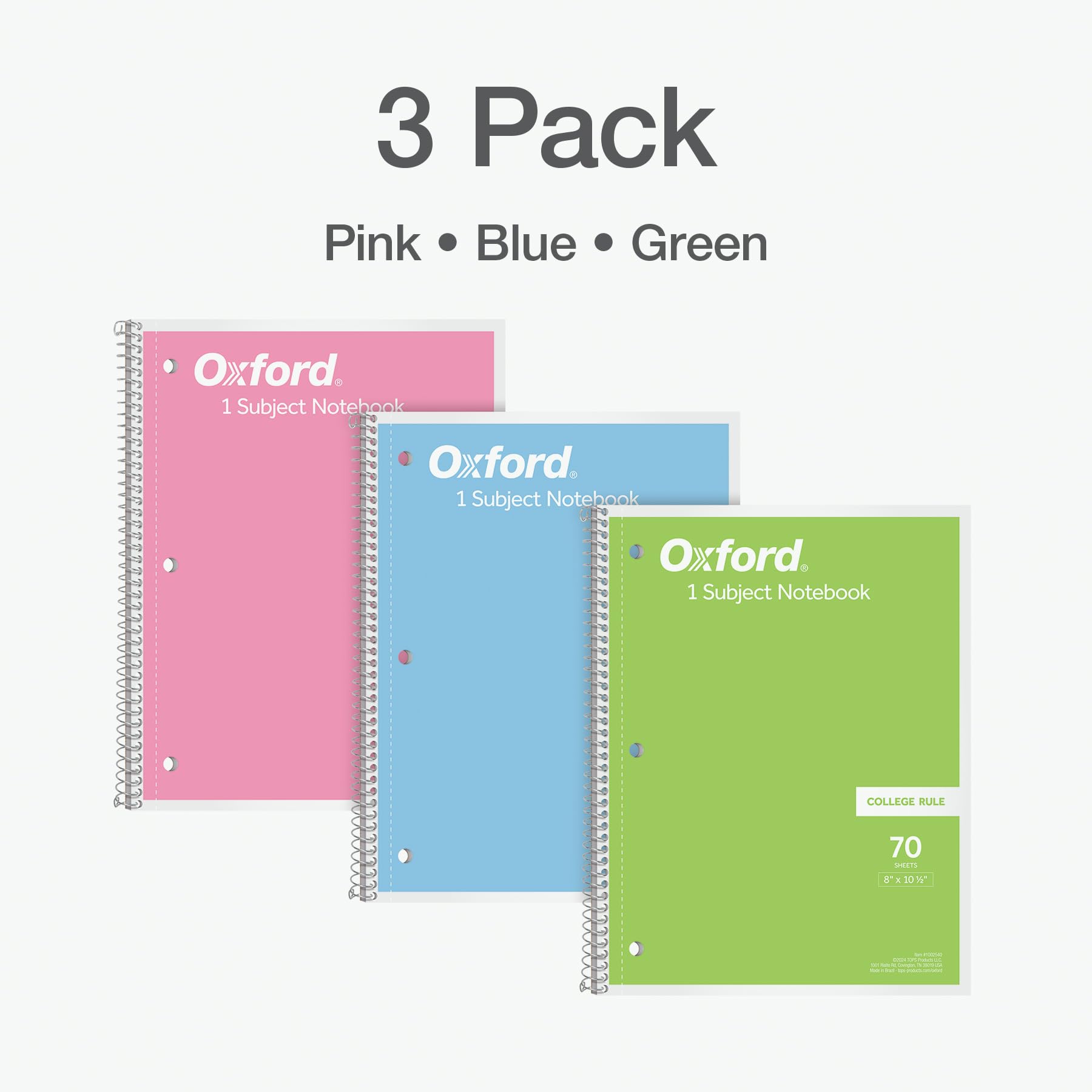 Oxford Spiral Notebooks 1-Subject, College Ruled Paper, 70 Sheets, 8 x 10.5 Inches, 3-Pack Pastel Colors - Perfect for School, Office & Journaling (1002540)