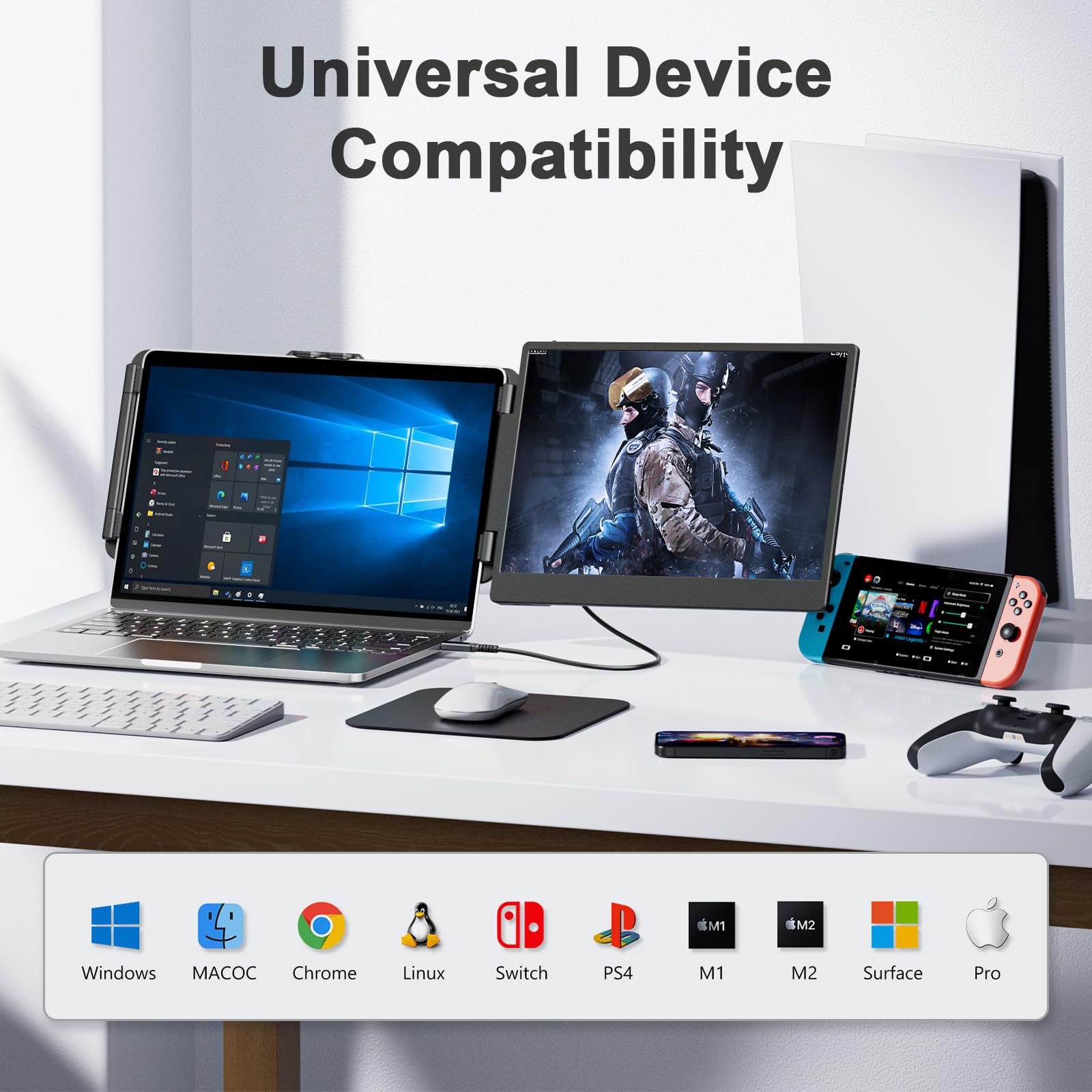14'' FHD 1080P IPS Dual Portable Monitor for Laptop - Plug & Play USB-C External Screen for 13