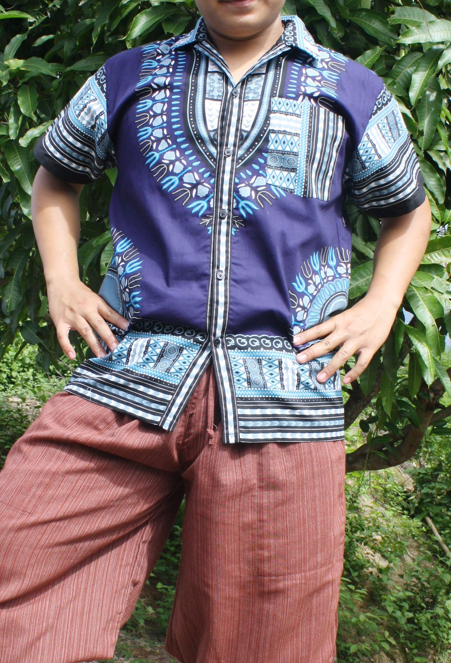 African Dashiki Artwork Hawaiian Shirt - 100% Pure Cotton Men's Aloha Shirt with Large Collar | Beach Vacation, Summer Party & Casual Wear