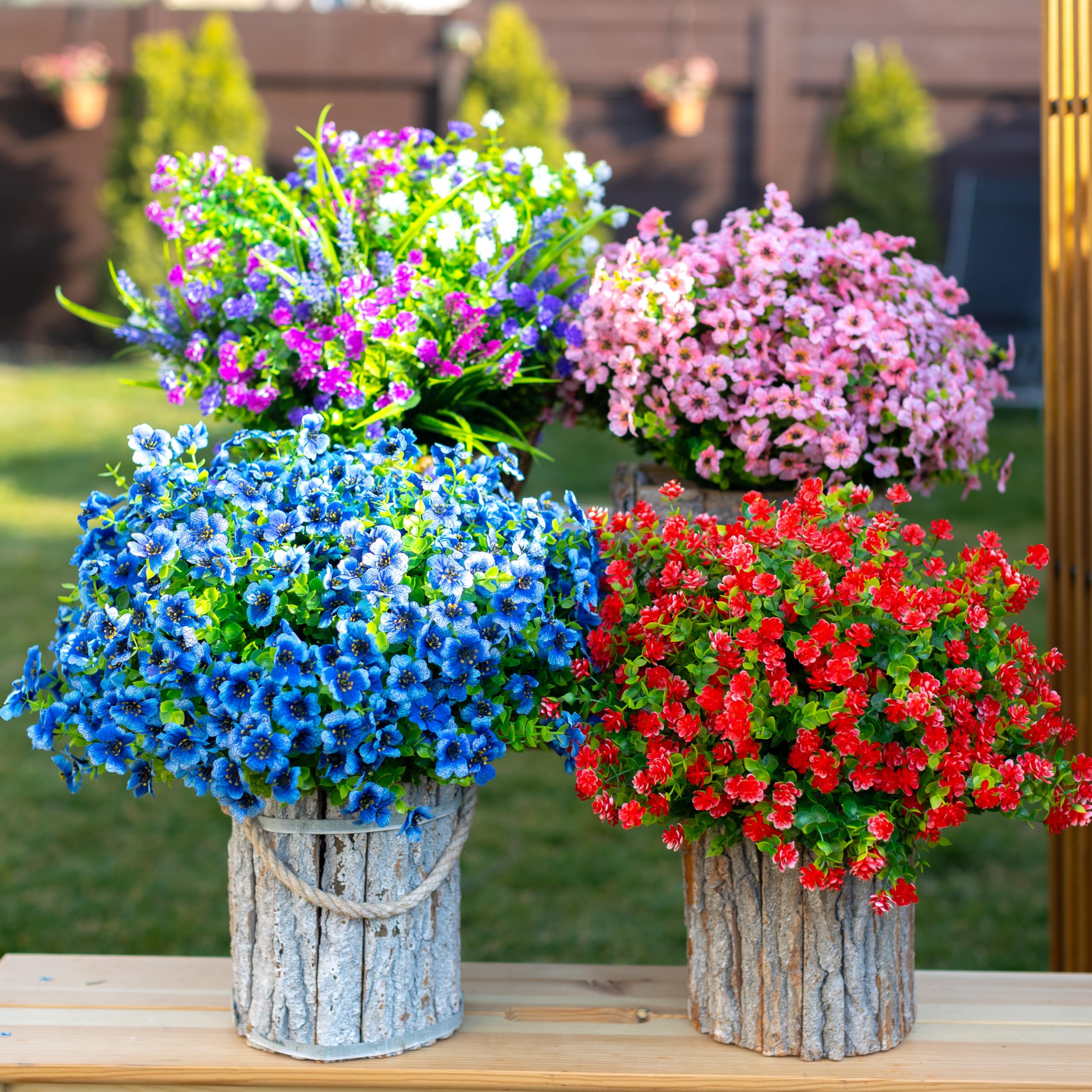 16 Bundles Artificial Outdoor Flowers - Faux Boxwood Greenery Shrubs, No Fade Plastic Plants for Fall Farmhouse Decor, Garden & Patio Landscaping (Blue) | Perfect for Porch, Wedding, and Home Decoration