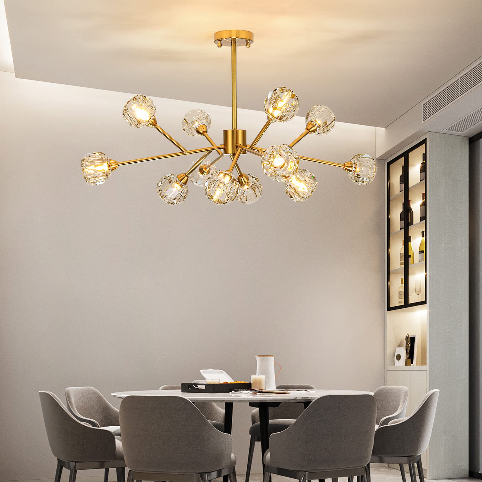 Modern Sputnik Chandelier - 12-Light Gold Crystal Pendant Lighting Fixture for Dining Room, Kitchen Island, Living Room | Mid-Century Ceiling Light for Home, Bedroom, Bar & Office Decor | Elegant Lighting Solution for Parties & Romantic Dinners