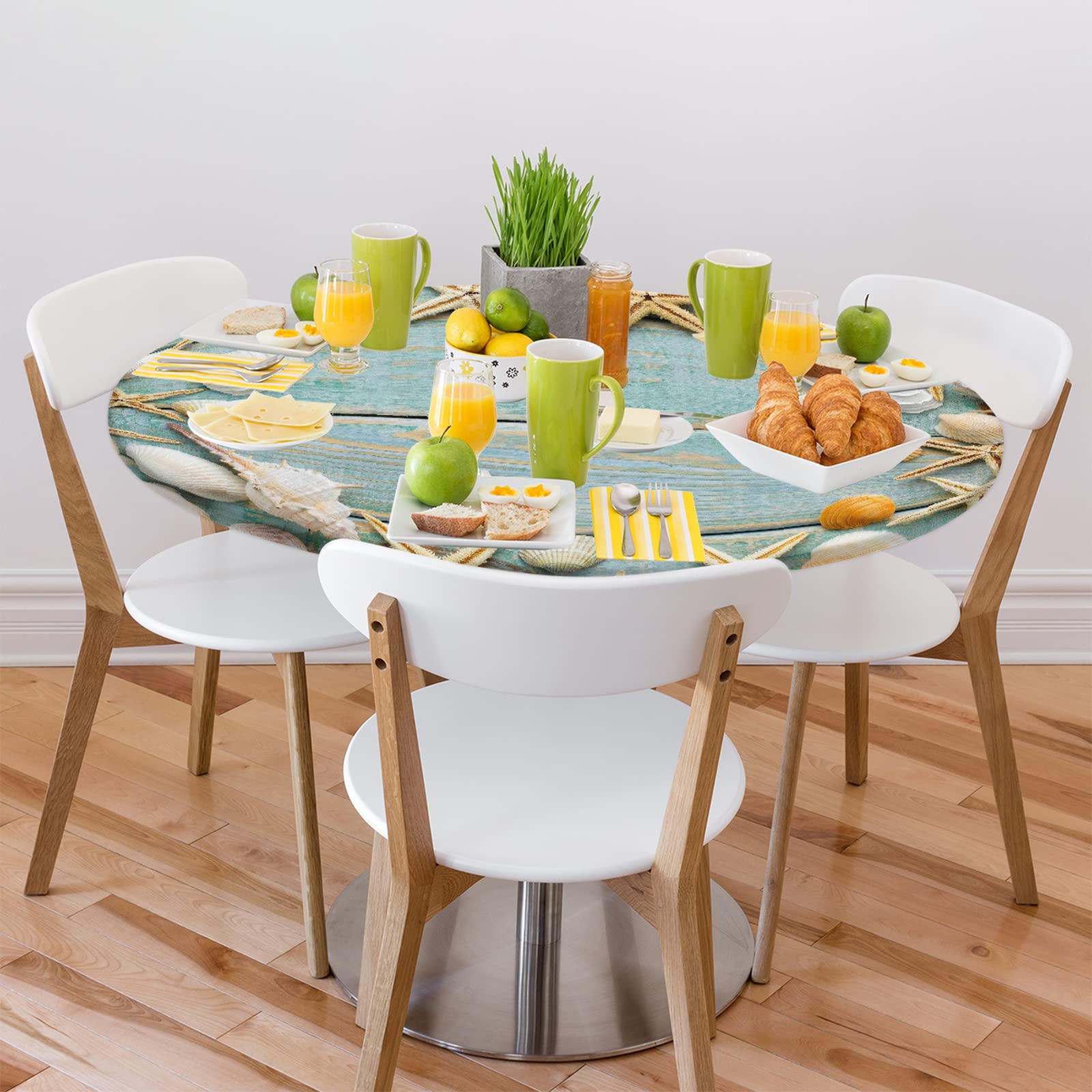Beach Wooden Starfish Round Tablecloth with Elastic Edge - Summer Ocean Seashells Fitted Table Cover for Dining, Kitchen, Party (45
