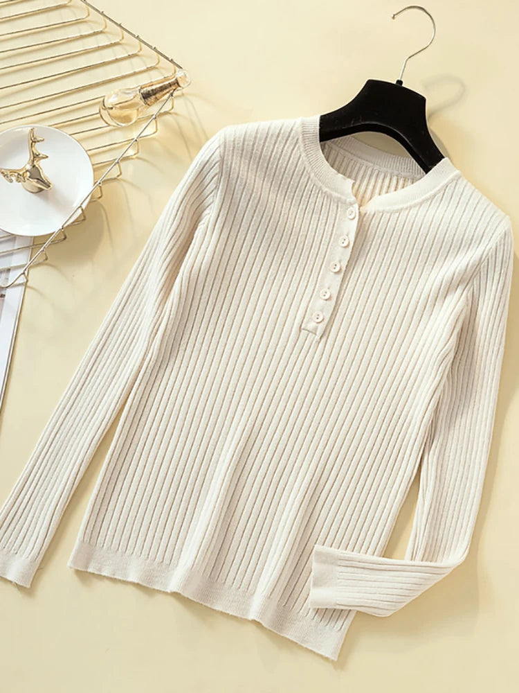 Button Basic Slim Knitted Pullover Sweater for Women - Soft Comfortable Lightweight Casual Tops for Fall & Winter - Perfect for Office, Dating and Weekend Outfits