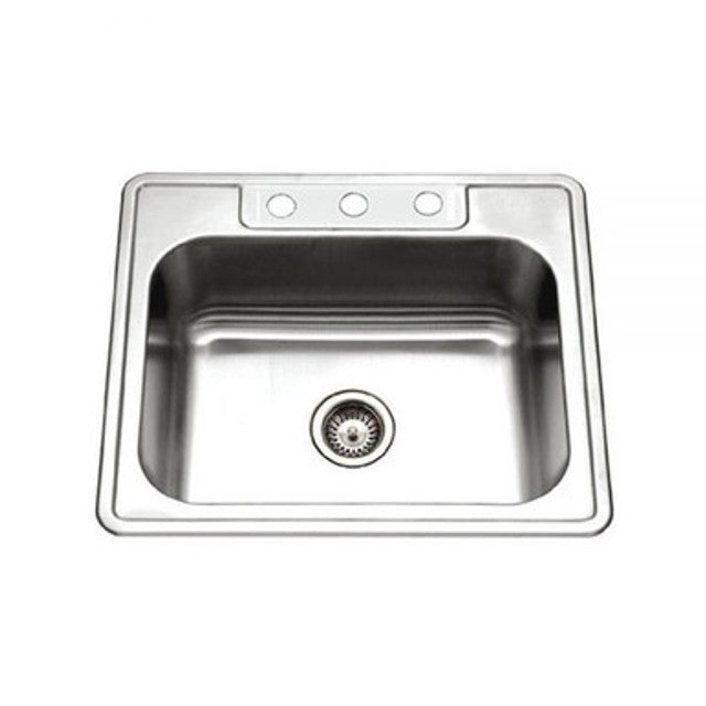 Houzer Glowtone Series 25 Stainless Steel Drop-in Topmount 3-Hole Single Bowl Kitchen Sink 2522-8BS3-1 - Perfect for Modern Kitchens, Easy to Install & Durable for Daily Cooking & Dishwashing