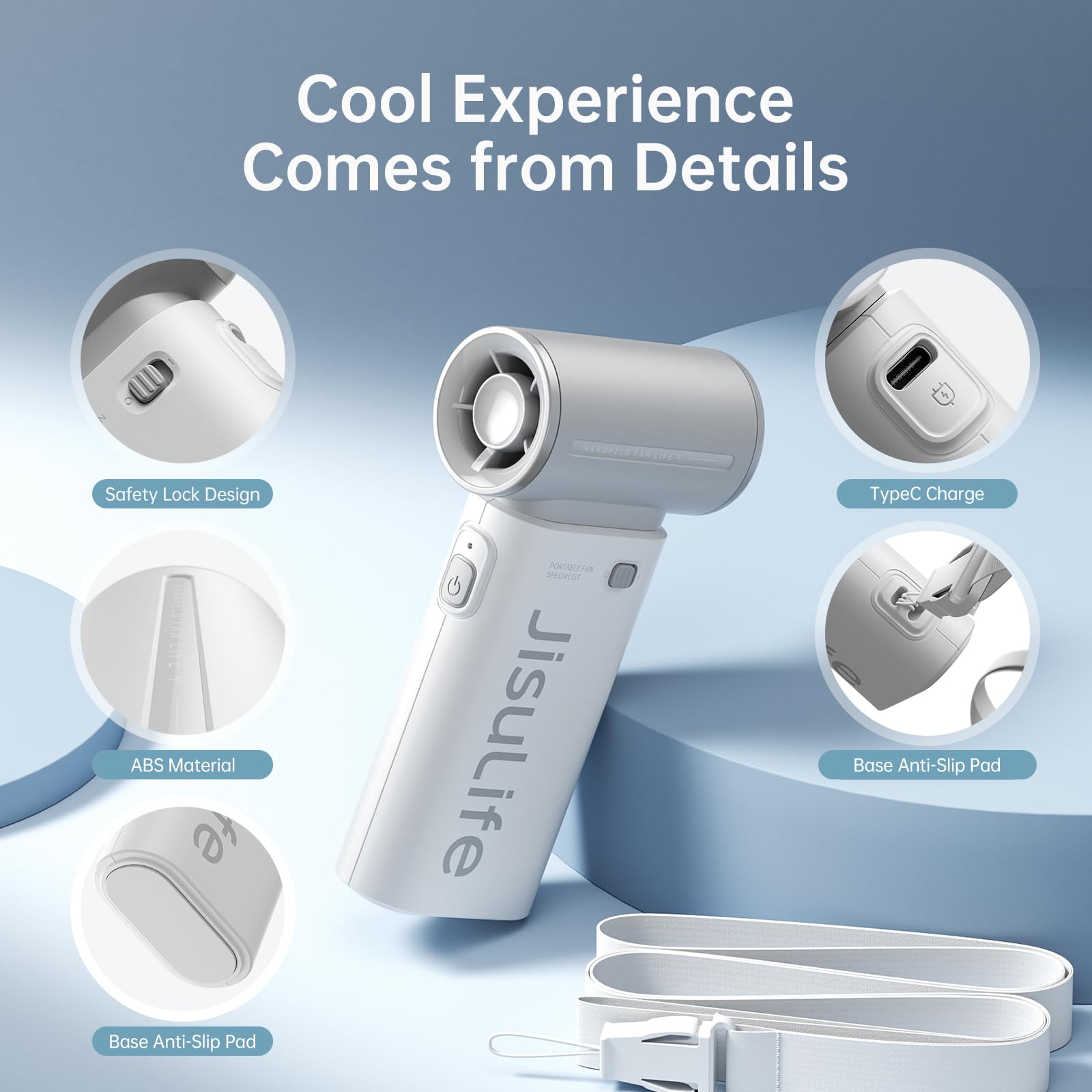 JISULIFE 5000mAh Portable Handheld Fan - Powerful Mini Turbo Fan with 5 Speeds, 22H Max Cooling Time, 40000 RPM High Speed - Rechargeable Pocket-Sized Personal Fan for Travel, Office, Outdoor Activities (Grey)