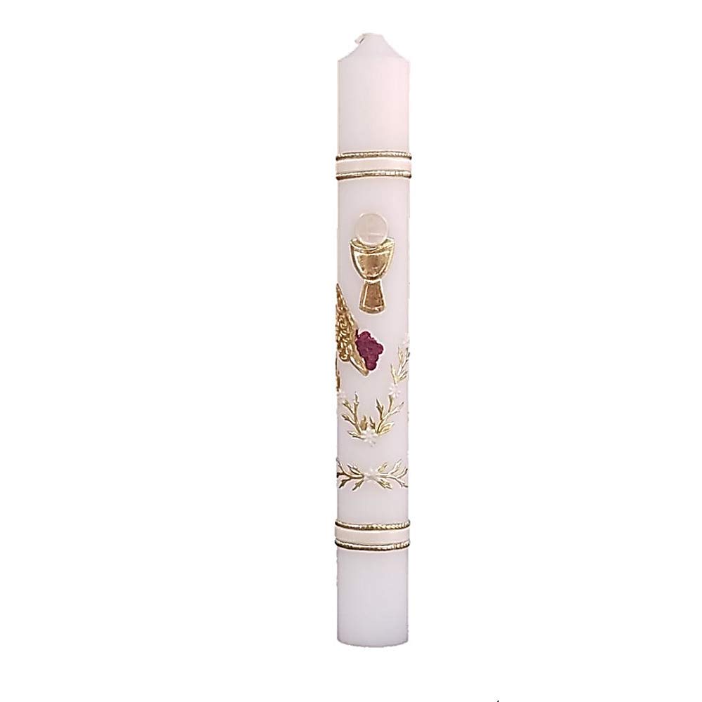 12 Inch Holy First Communion White Candle with Chalice, Bread, Wheat & Grapes - Isaiah 43:5 Bible Verse - Perfect for Catholic Sacraments, Baptisms & Religious Ceremonies