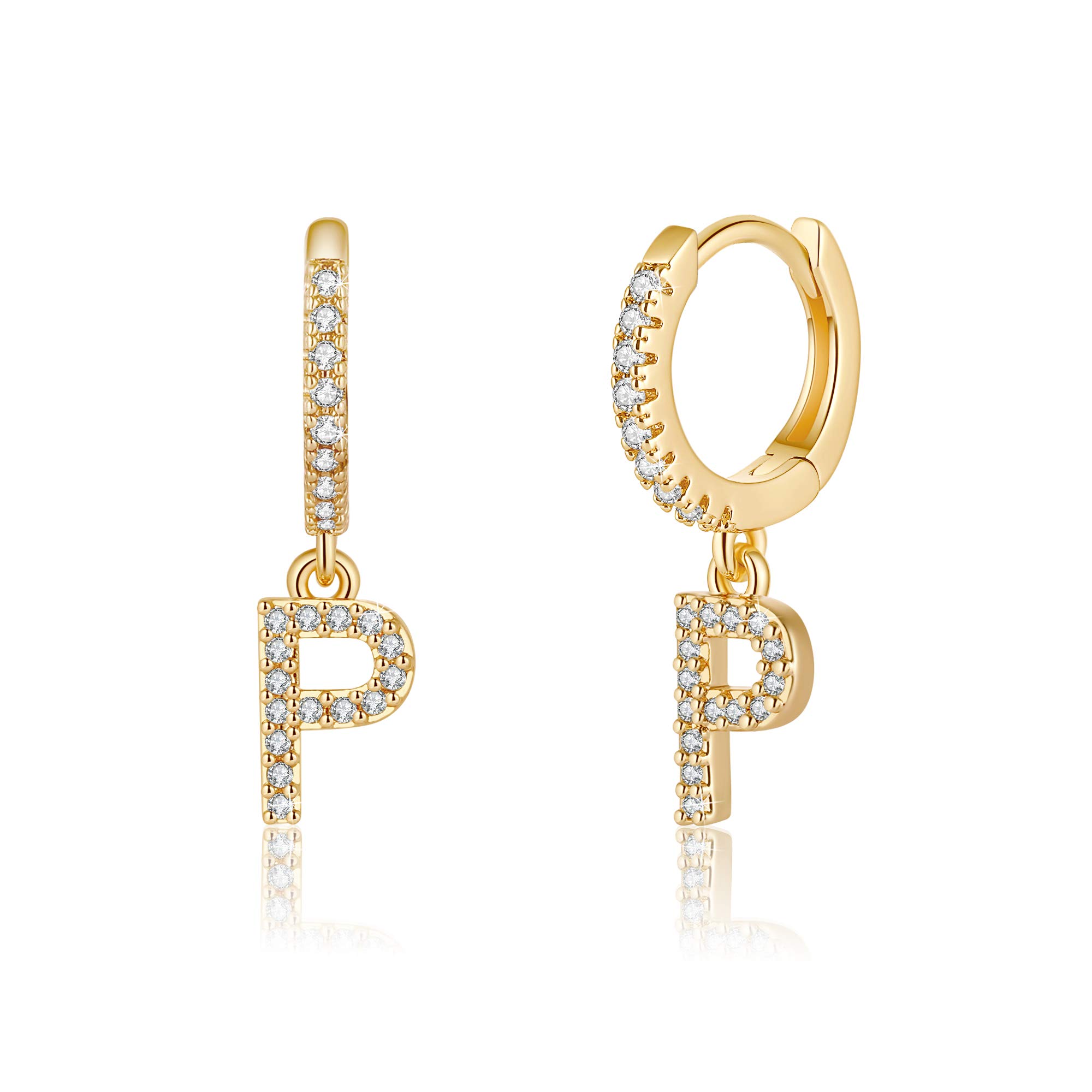 925 Sterling Silver Initial Earrings for Women & Girls - Hypoallergenic Small Huggie Hoop Earrings with Gold Plated Cubic Zirconia - Perfect Jewelry Gift for Birthday, Anniversary & Everyday Wear
