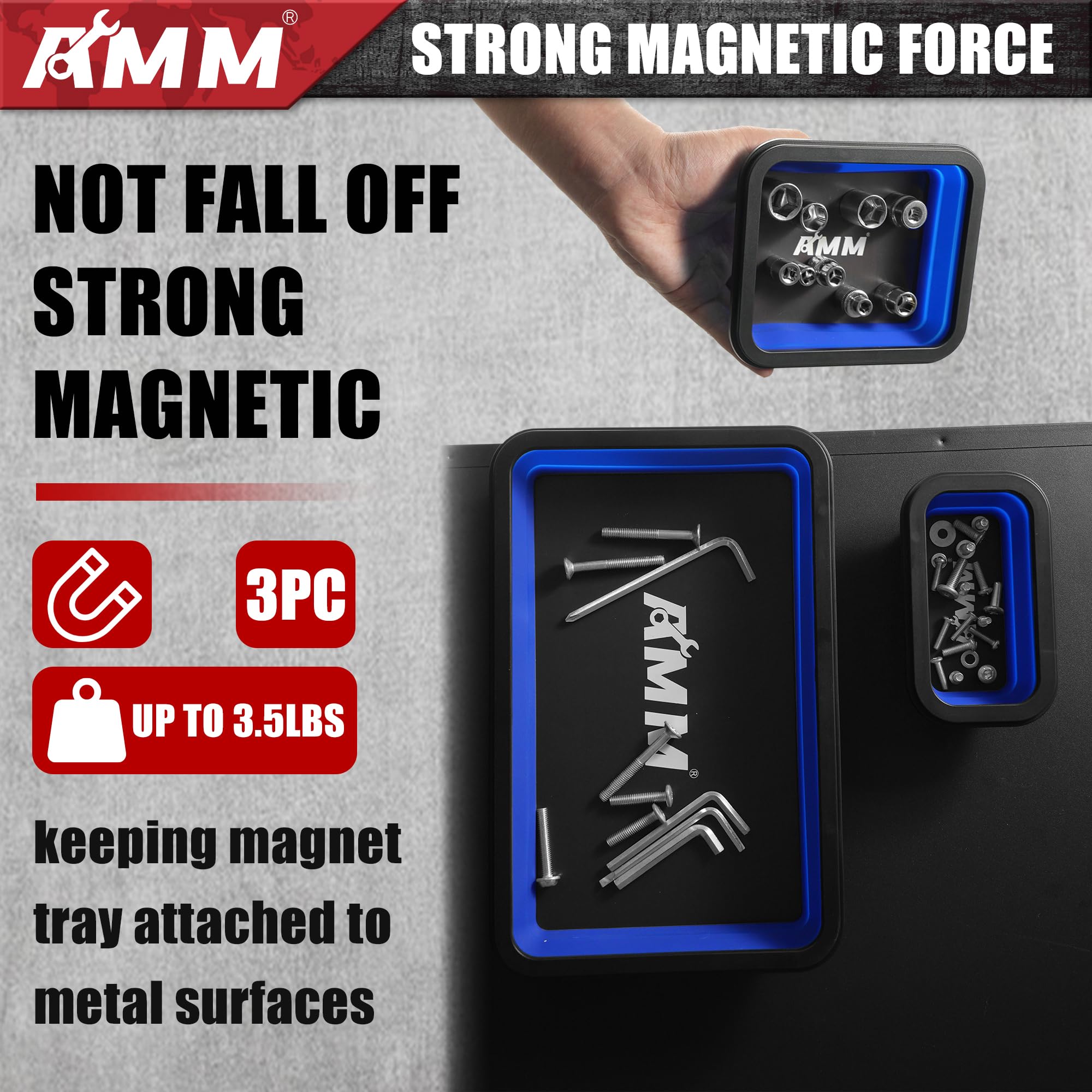 AMM Foldable Magnetic Parts Tray Set - 3 Sizes Magnetic Tool Organizer for Bolts, Screws, Nuts & Small Metal Parts - Durable Mechanic Tool Gift for Men (Blue) - Perfect for Garage, Workshop & DIY Projects