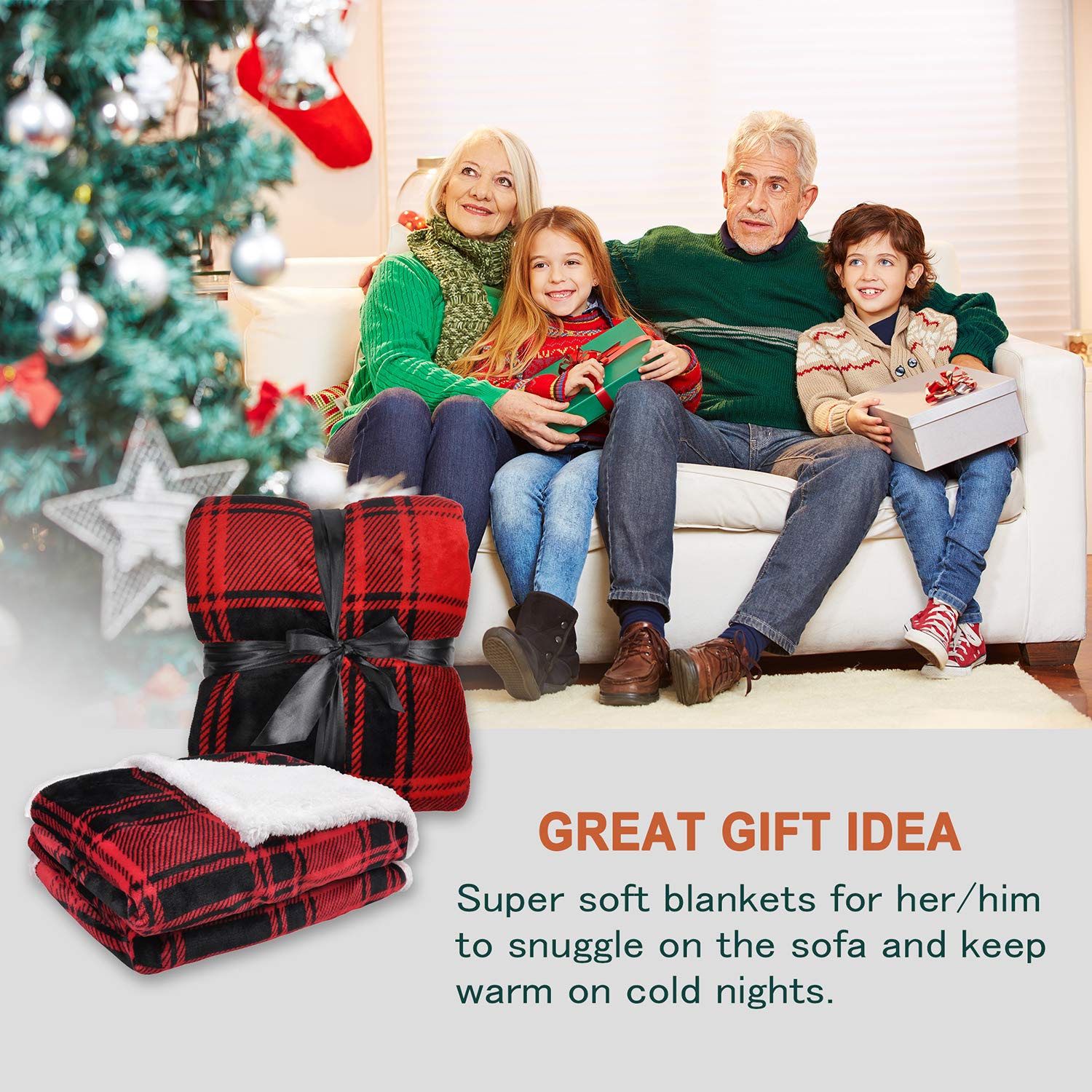 Catalonia Red Plaid Sherpa Throw Blanket - Ultra Soft & Warm Buffalo Check Fleece Blanket for Christmas, Winter, Couch & Cabin Decor - Cozy Home, Office & Travel Companion