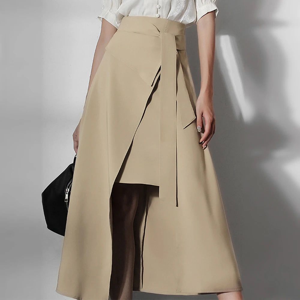 **Women's High Waist Asymmetrical Split Skirt - Solid Patchwork Design with Lace-Up Detail, Elegant A-Line Skirt for Casual & Party Wear**    **Use Case:** Perfect for date nights, parties, office wear, or casual outings—this stylish skirt adds a chic and feminine touch to any outfit.