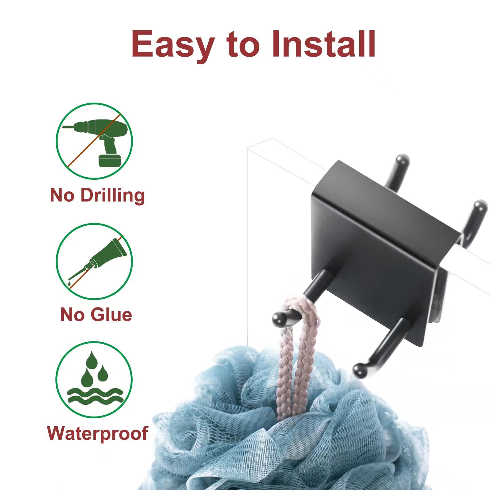 2 Pack Black Matte Nickel Shower Door Towel Hooks - 0.32-0.39in Frameless Glass Hanger for Bathroom Accessories, Razor, Squeegee, Loofah & Robe Holder - Perfect for Spa-Like Showers & Organized Bath Spaces