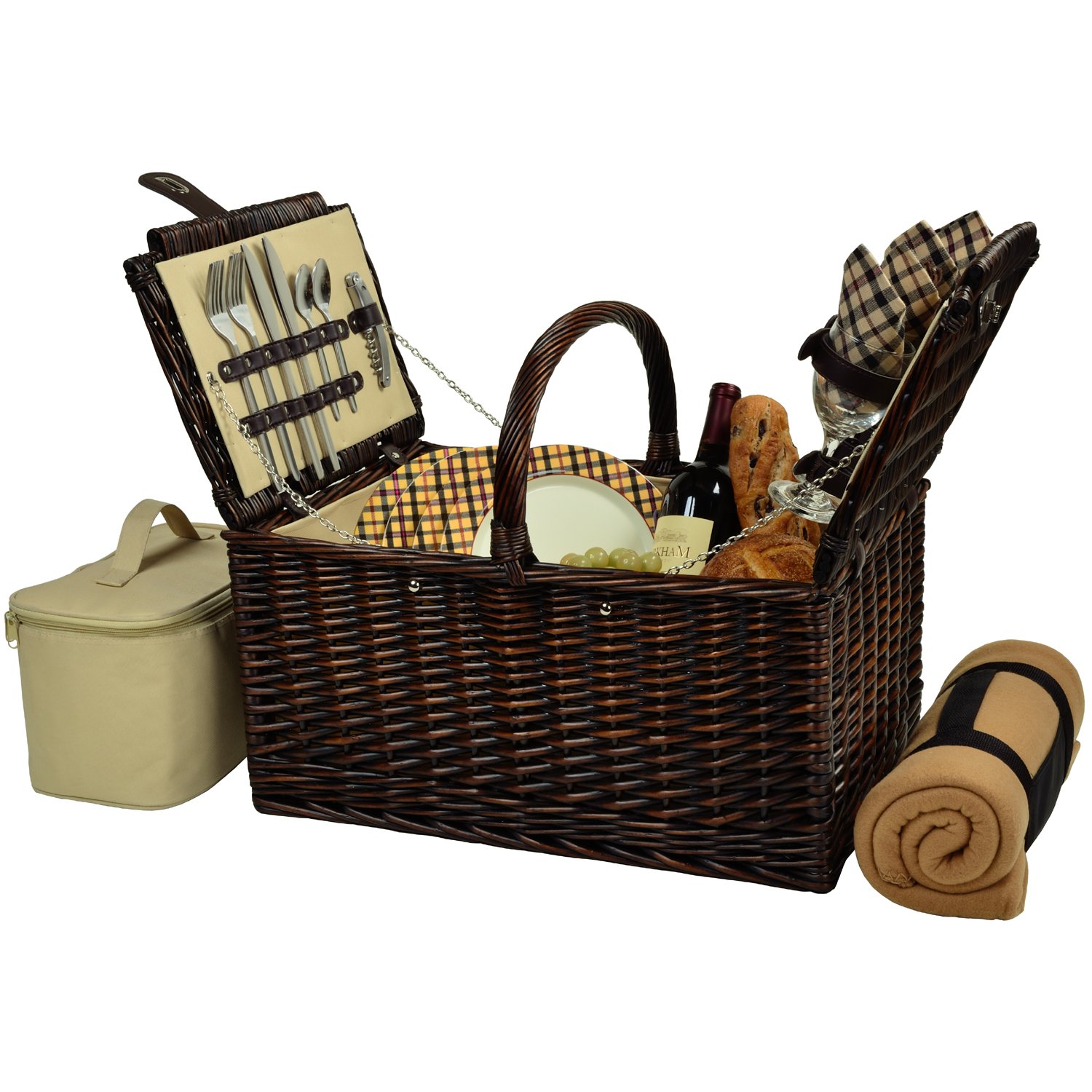 Premium Buckingham Picnic Basket for 4 with Soft Blanket - Perfect for Outdoor Dining, Beach Picnics & Camping Trips (Brown)