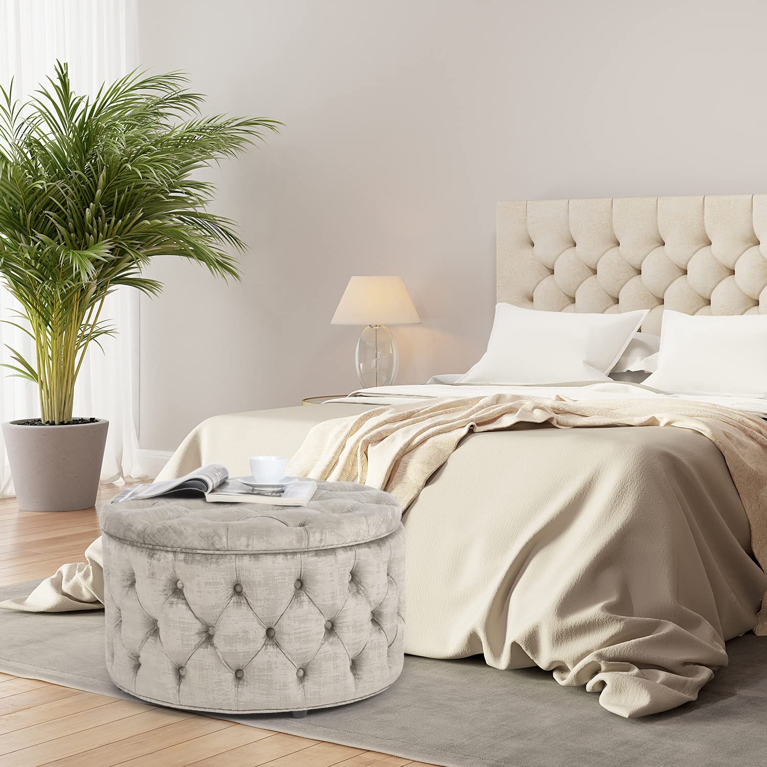 Joveco Round Storage Ottoman with Removable Top - Button Tufted Upholstered Bench, Coffee Table & Footrest Stool for Living Room, Bedroom & Entryway - Perfect for Extra Seating, Storage & Home Decor (Beige)