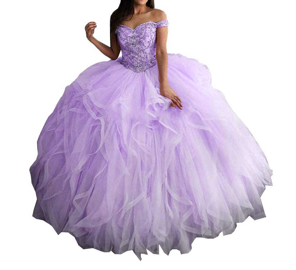 Elegant Lilac Quinceanera Dress for Women - Off Shoulder Tulle Layered Pageant Gown with Crystal Details | Perfect for Sweet 16, Prom, Pageants & Special Occasions