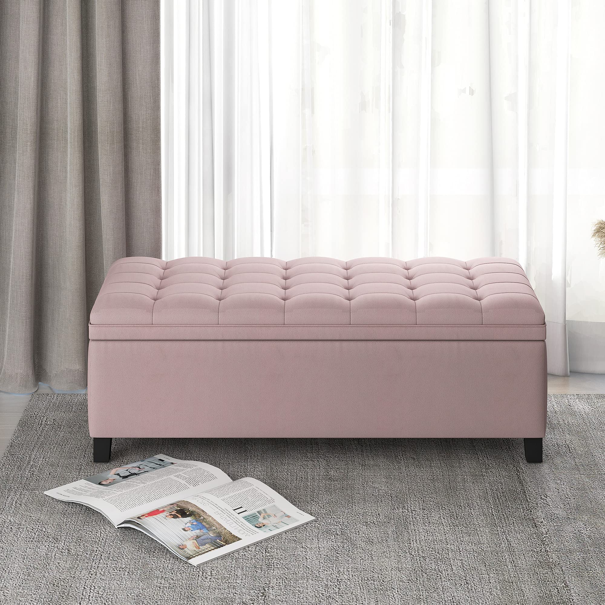 Flip Top Storage Ottoman Bench with Padded Seat - Multi-Purpose Storage Chest for Bedroom & Living Room - Pink - Perfect for Extra Seating, Blanket Storage, and Home Organization