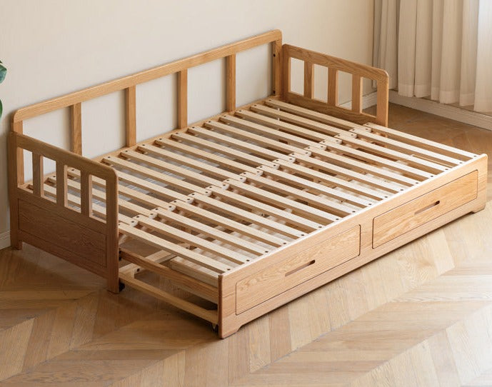 Solid Oak Wood Sofa Bed with Folding & Retractable Storage | Convertible Sleeper for Small Spaces, Guest Rooms & Apartments